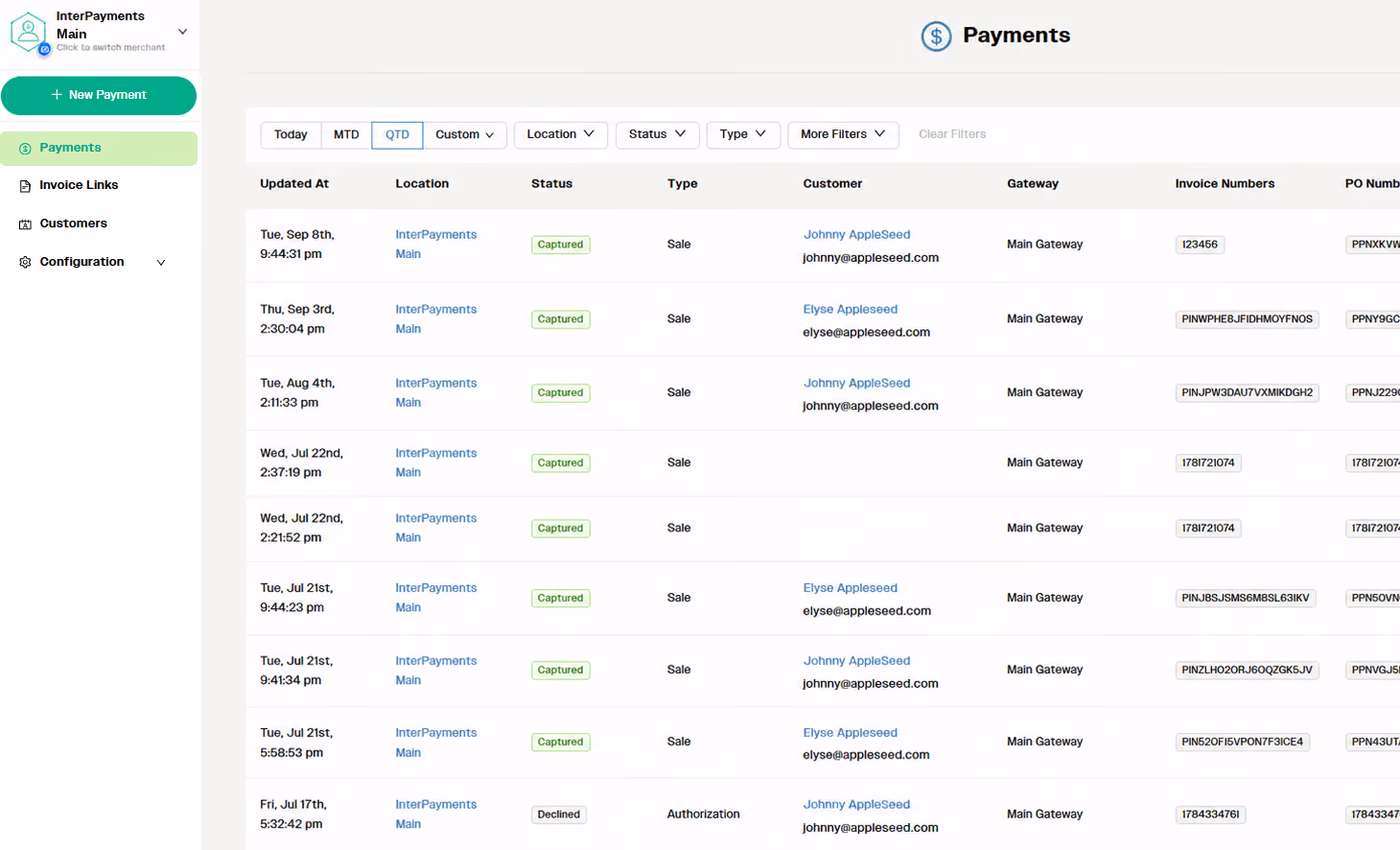 PayLink payments report listing transactions by date, location, status, customer, and gateway