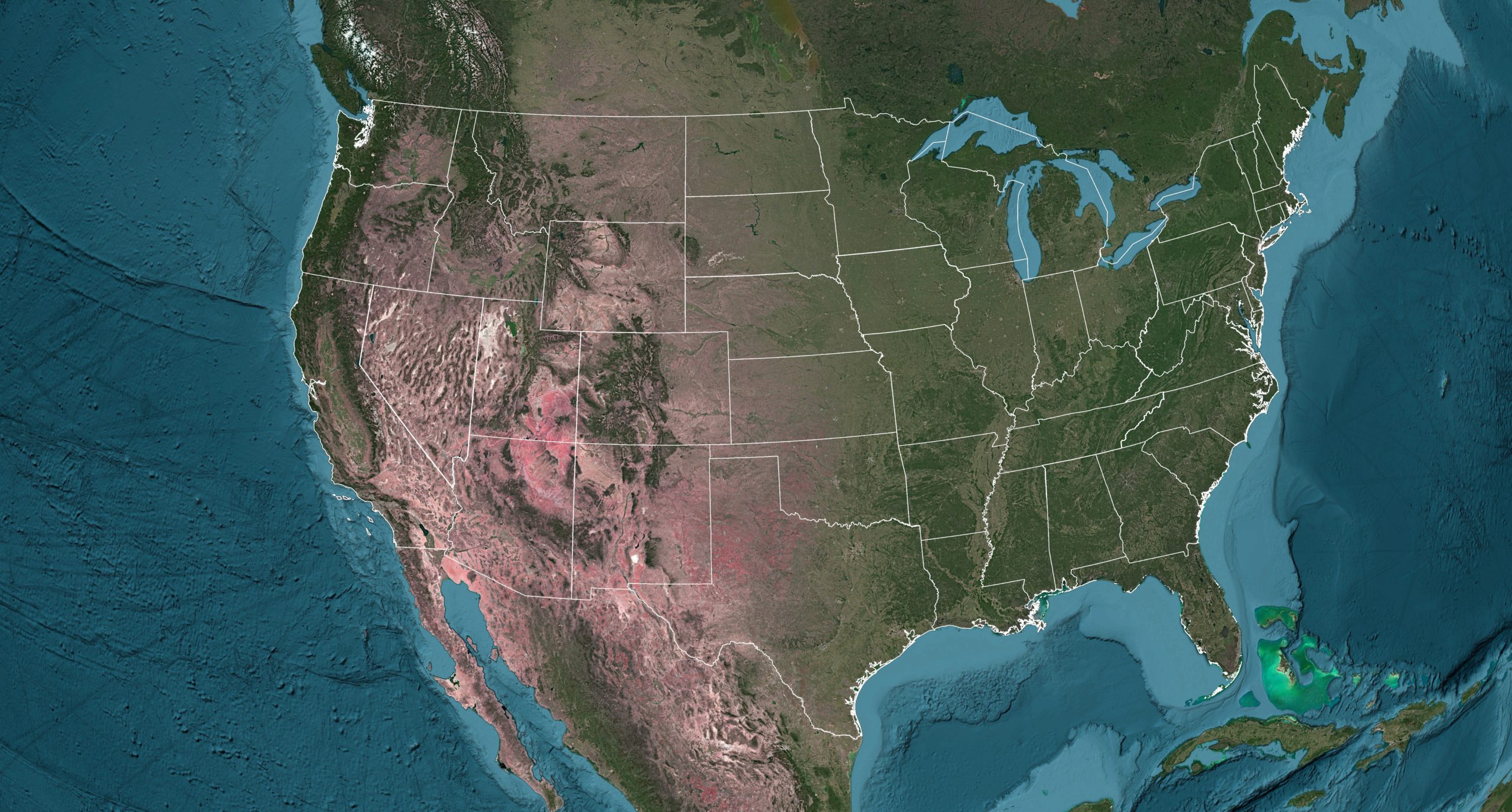 Satellite map of the United States with state borders