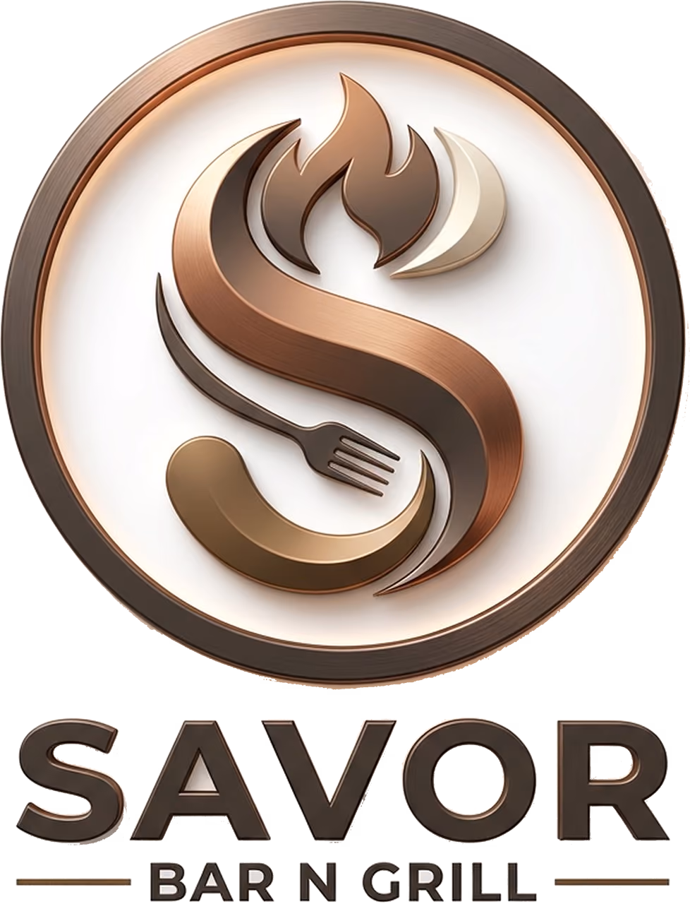 Savor Bar and Grill logo with a stylized S, fork, flame, and sausage in a round frame.
