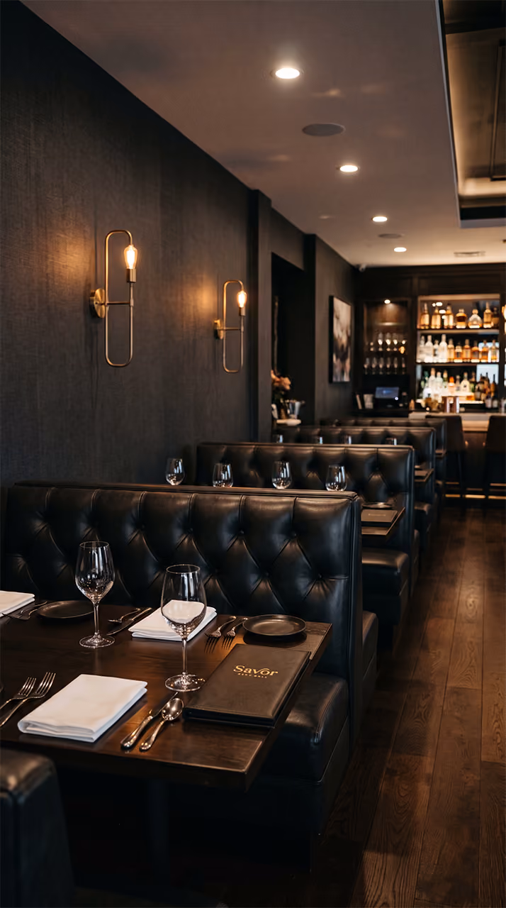 Elegant restaurant interior with dark tufted leather booths, dim wall lights, and a stocked bar in the back.