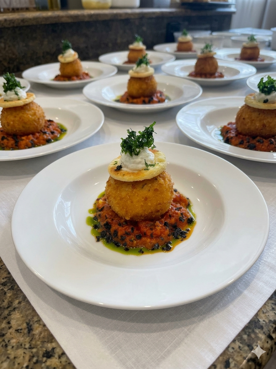 Multiple plates with fried food balls on tomato sauce, topped with cream, a thin cracker, and a green garnish.
