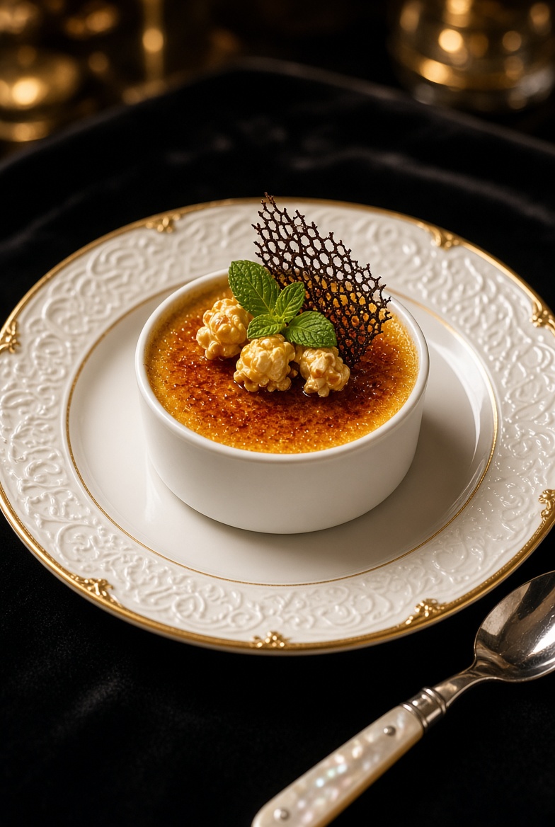 Creme brulee topped with caramel popcorn, mint leaves, and a chocolate lattice on a white plate.