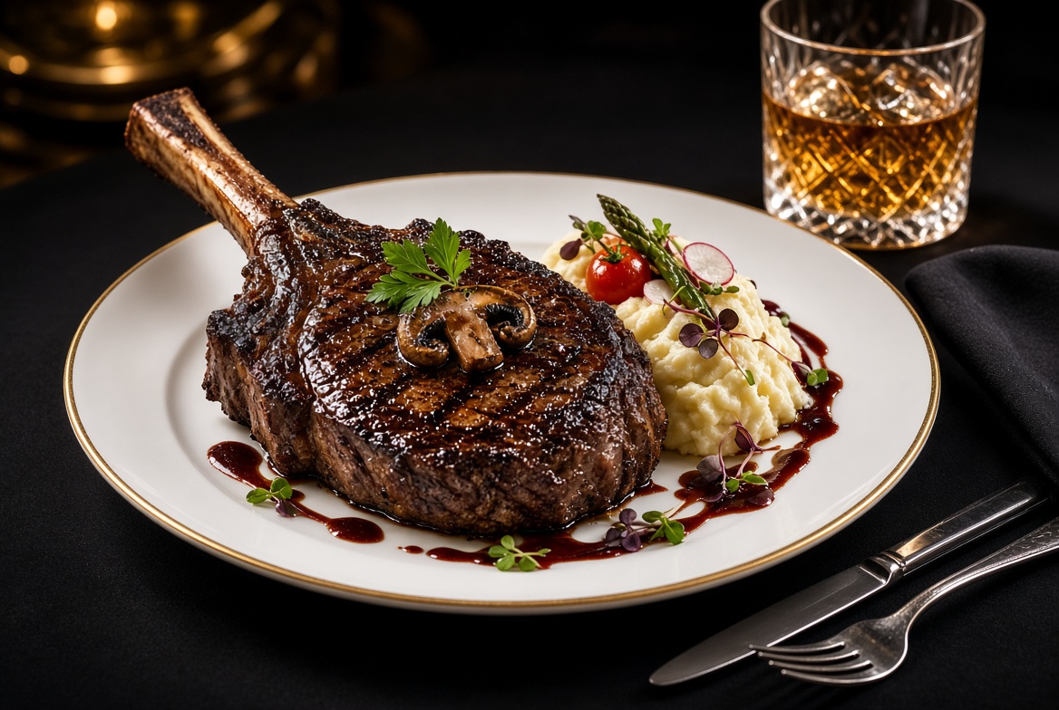 Grilled ribeye steak with mushroom on top, mashed potatoes, asparagus, tomato, and sauce on white plate.