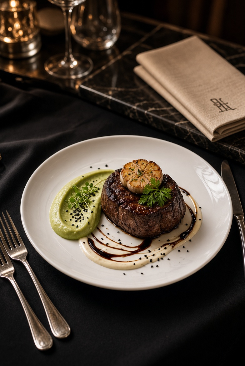 Grilled steak topped with roasted garlic and herbs served with green and white sauce on white plate.