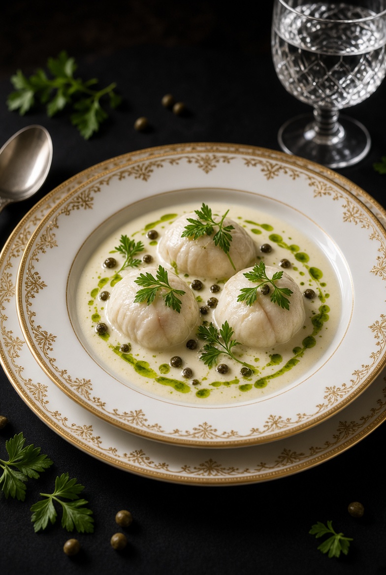 Three stuffed dumplings in creamy sauce garnished with green herbs and capers on decorated plate.