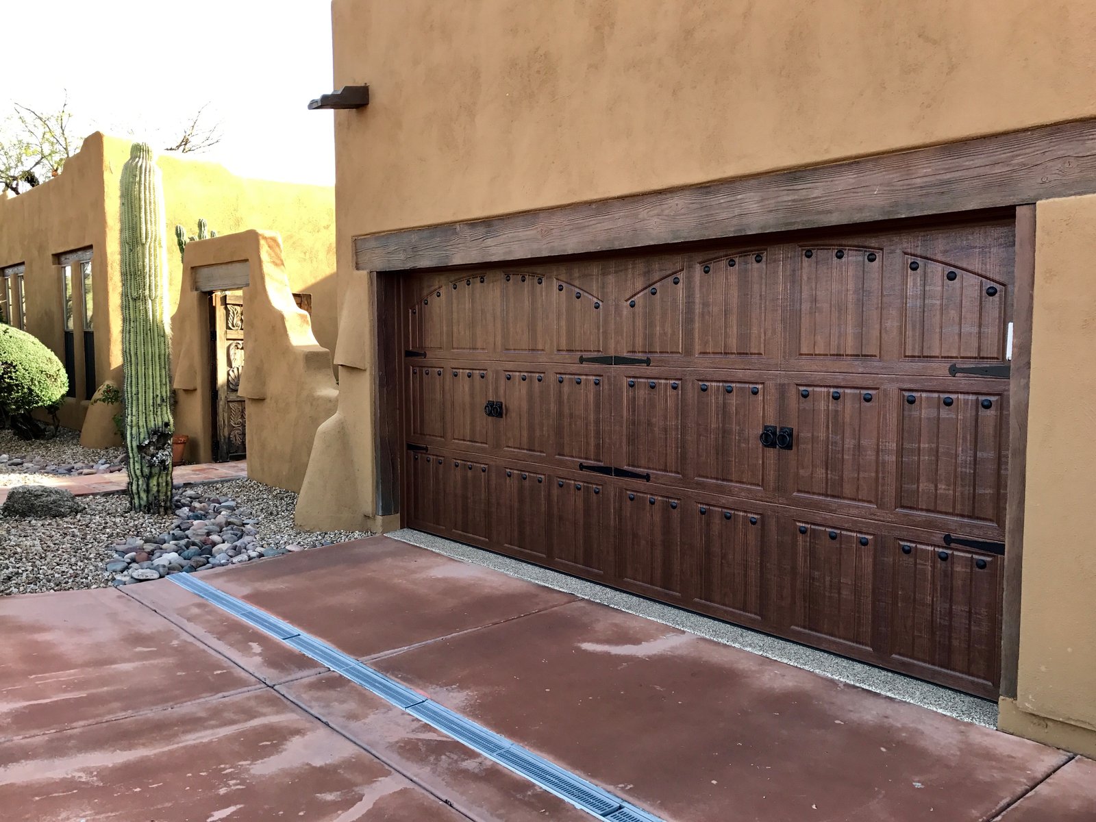 Dark garage door on an adobe home beside a saguaro