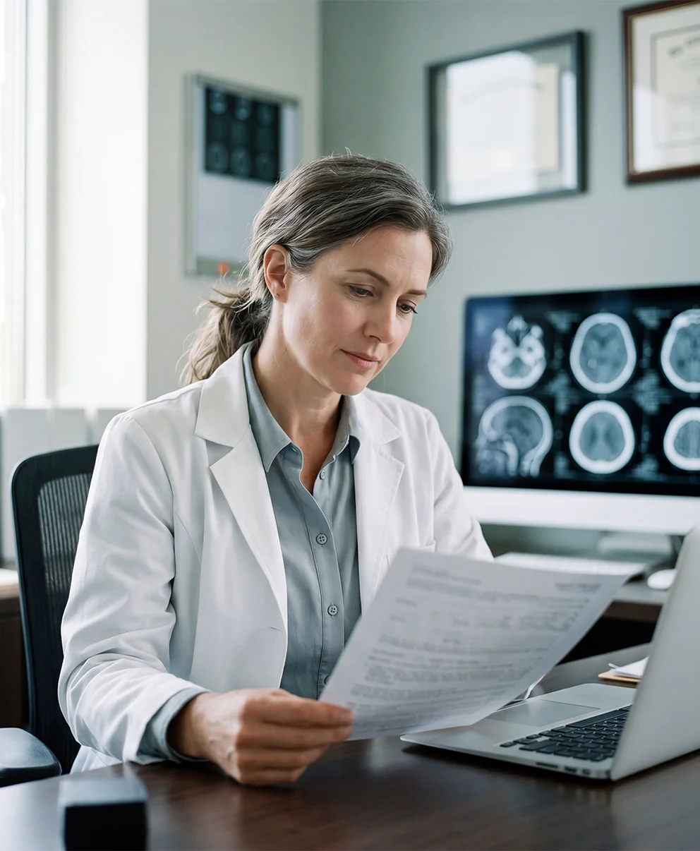 Female doctor in a white coat reviewing medical documents in an office with brain scans on a monitor.