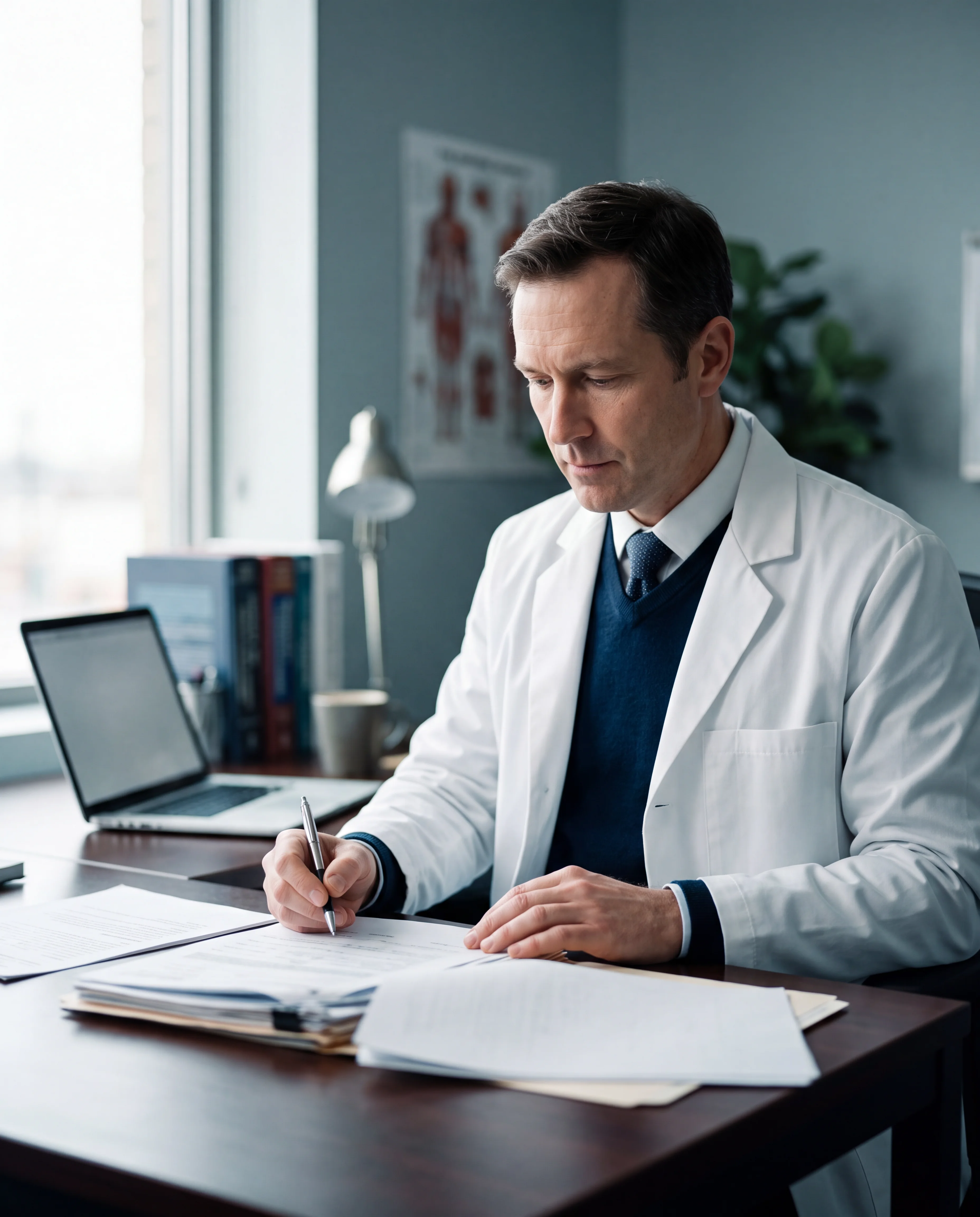 Doctor in white coat writing on documents at desk with laptop and medical books nearby.