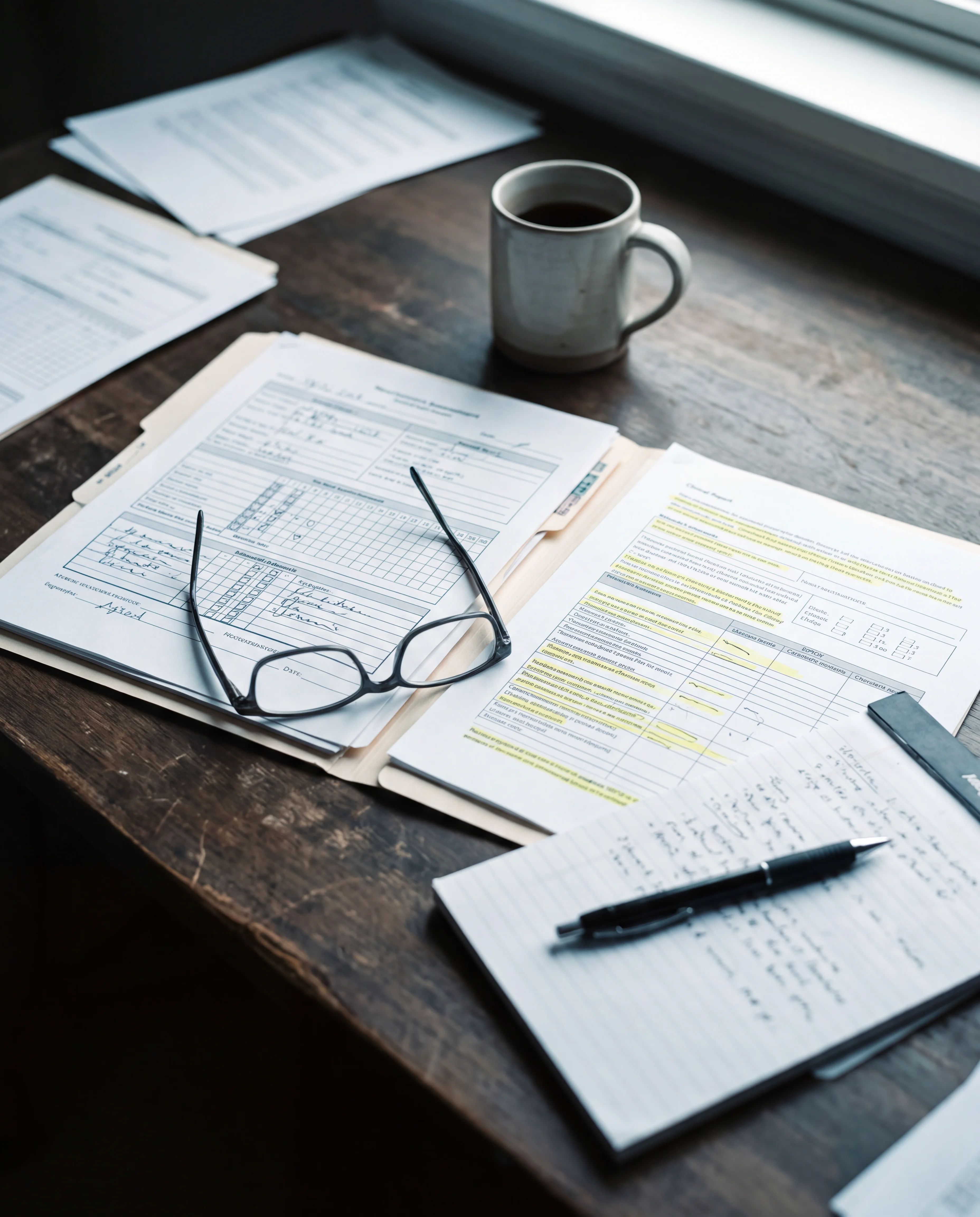 Wooden desk with papers, highlighted documents, glasses, a notebook with notes, a pen, and a coffee mug near a window.