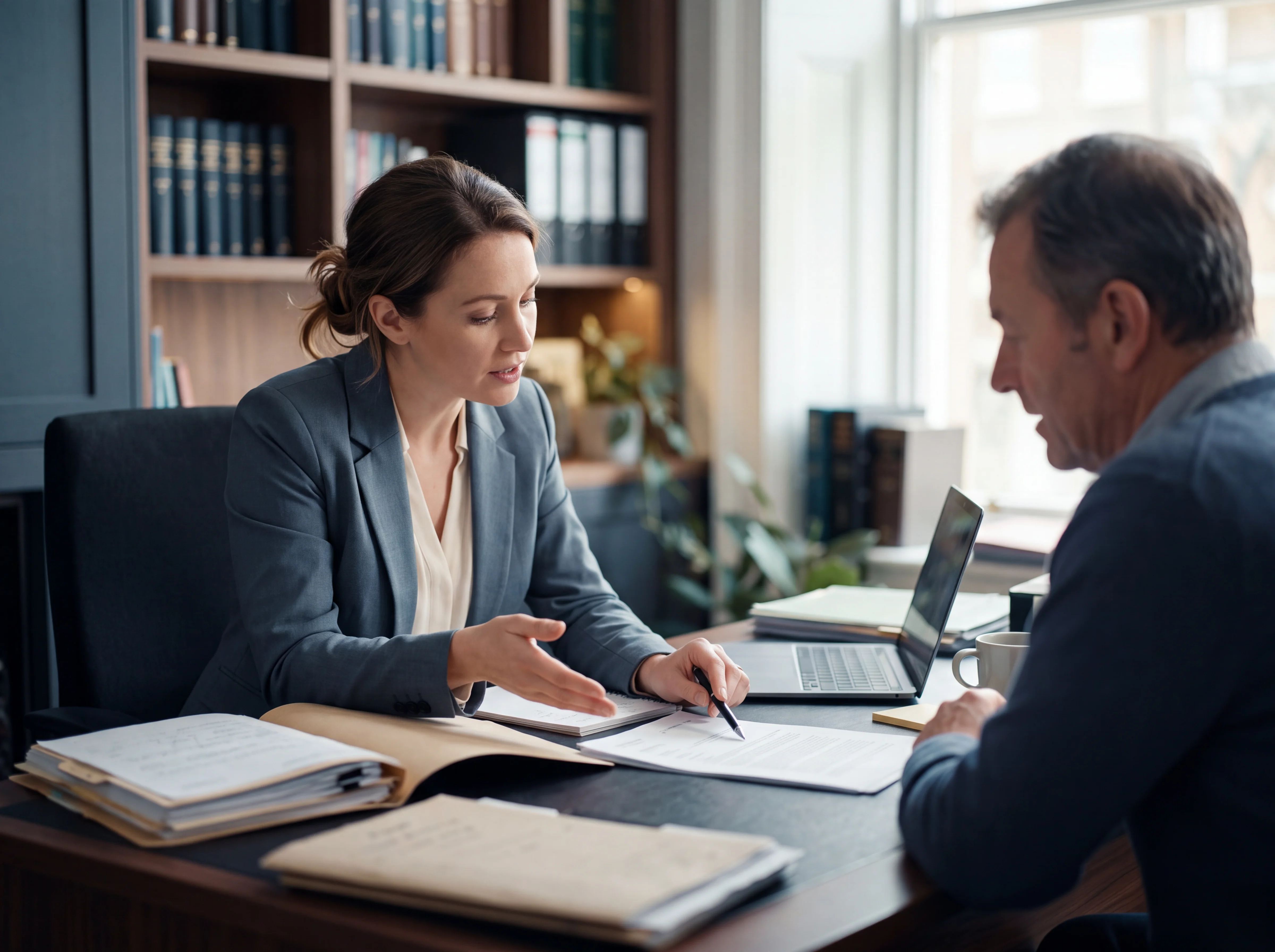 Female attorney discusses legal documents with male client in office with bookshelves and laptop.