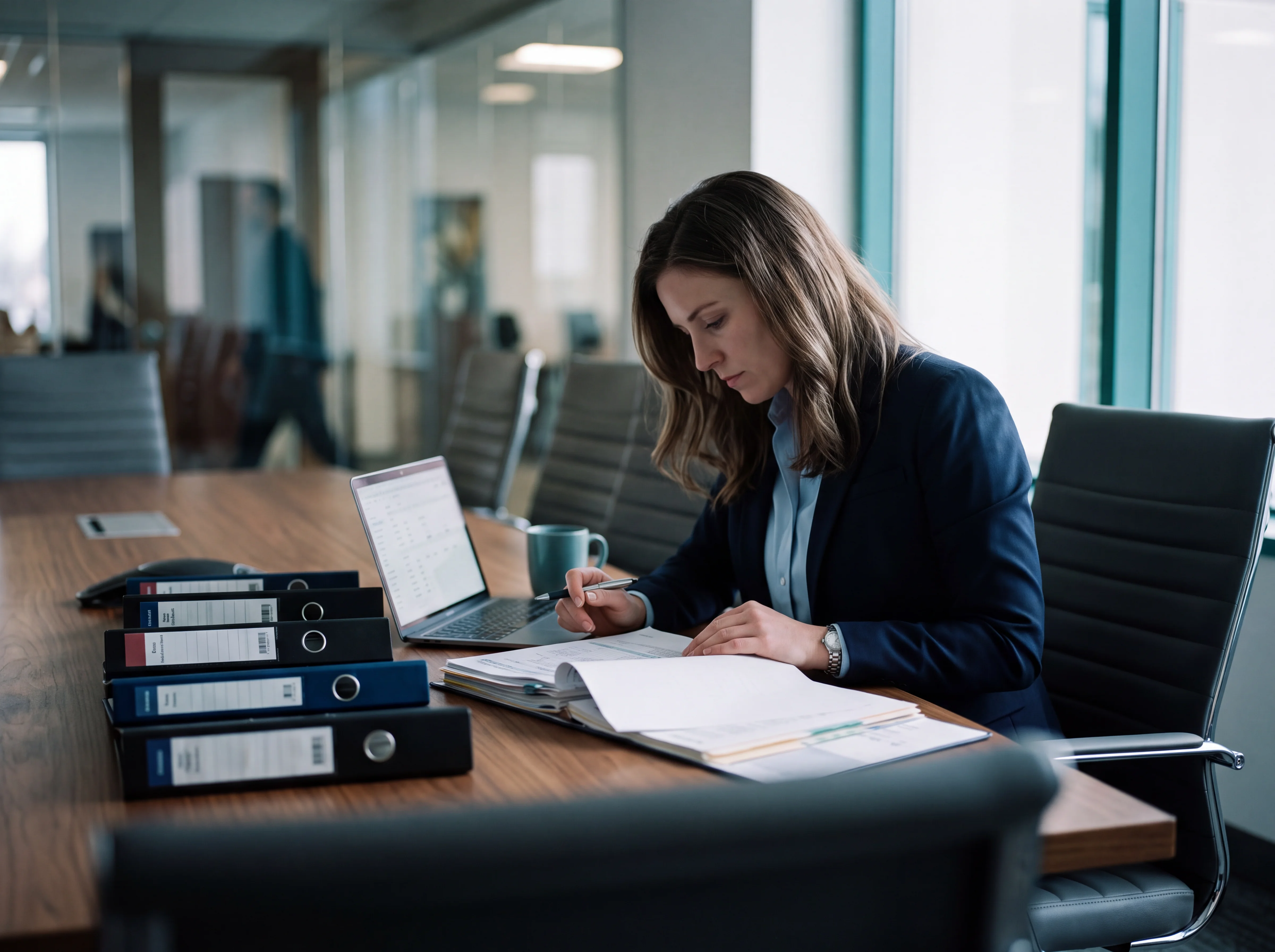 Woman in business attire reviews documents and works on laptop at a conference table with binders.