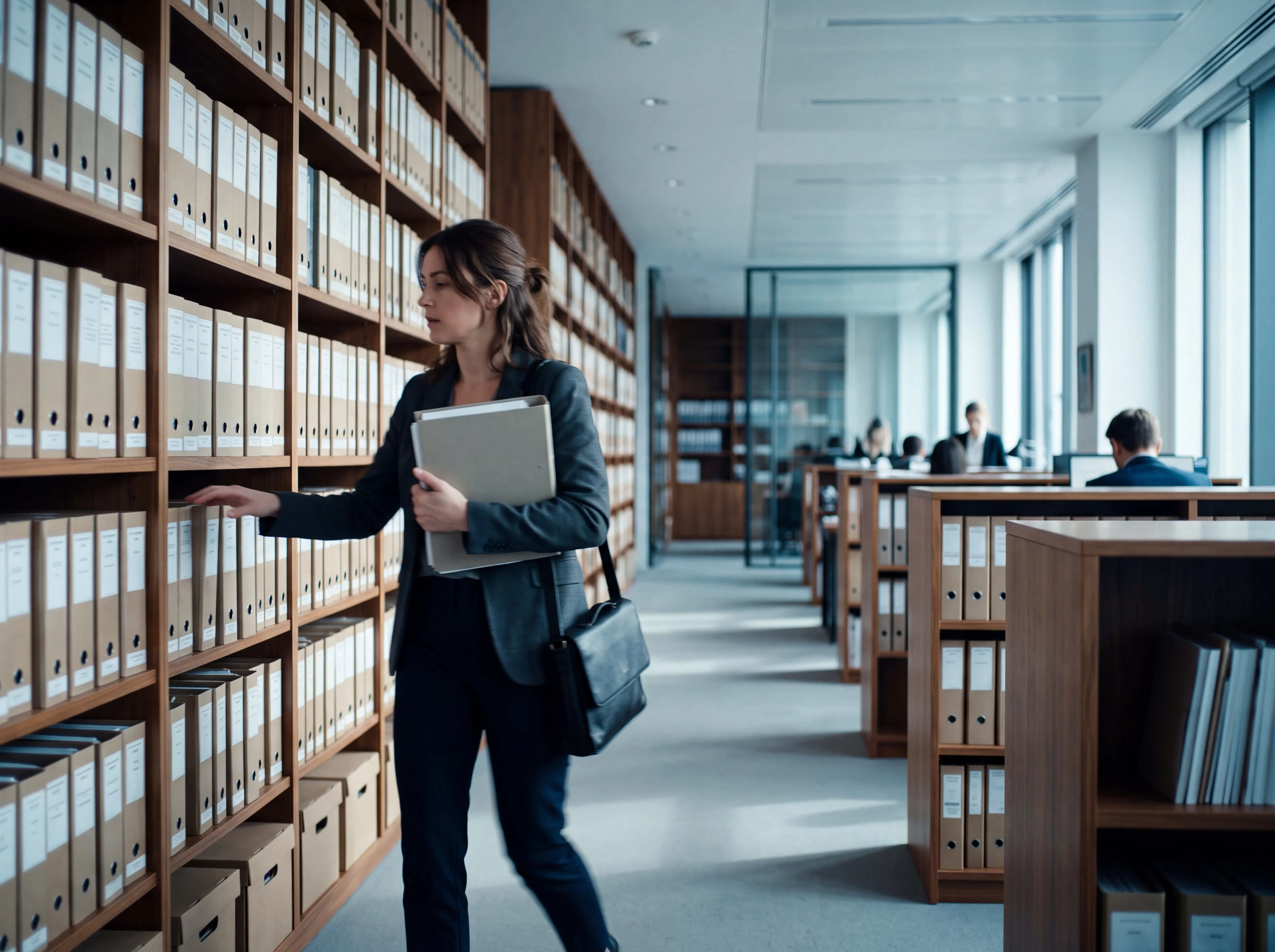 Woman in office picking files from shelves filled with binders, with colleagues working in background.