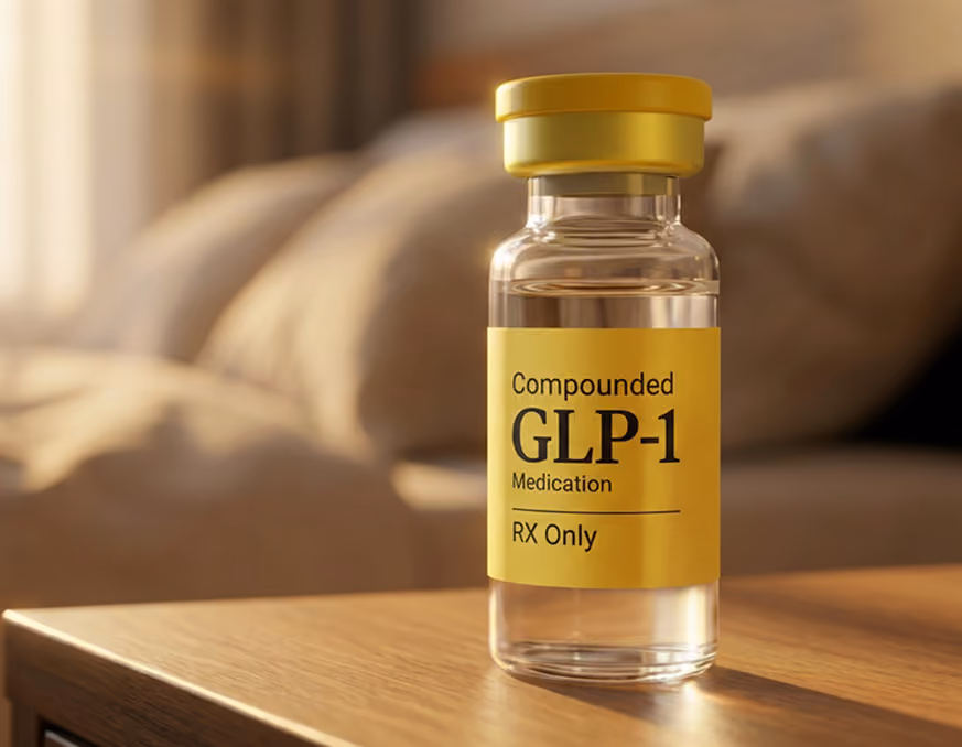 Clear vial labeled Compounded GLP-1 medication with yellow cap on a wooden surface.