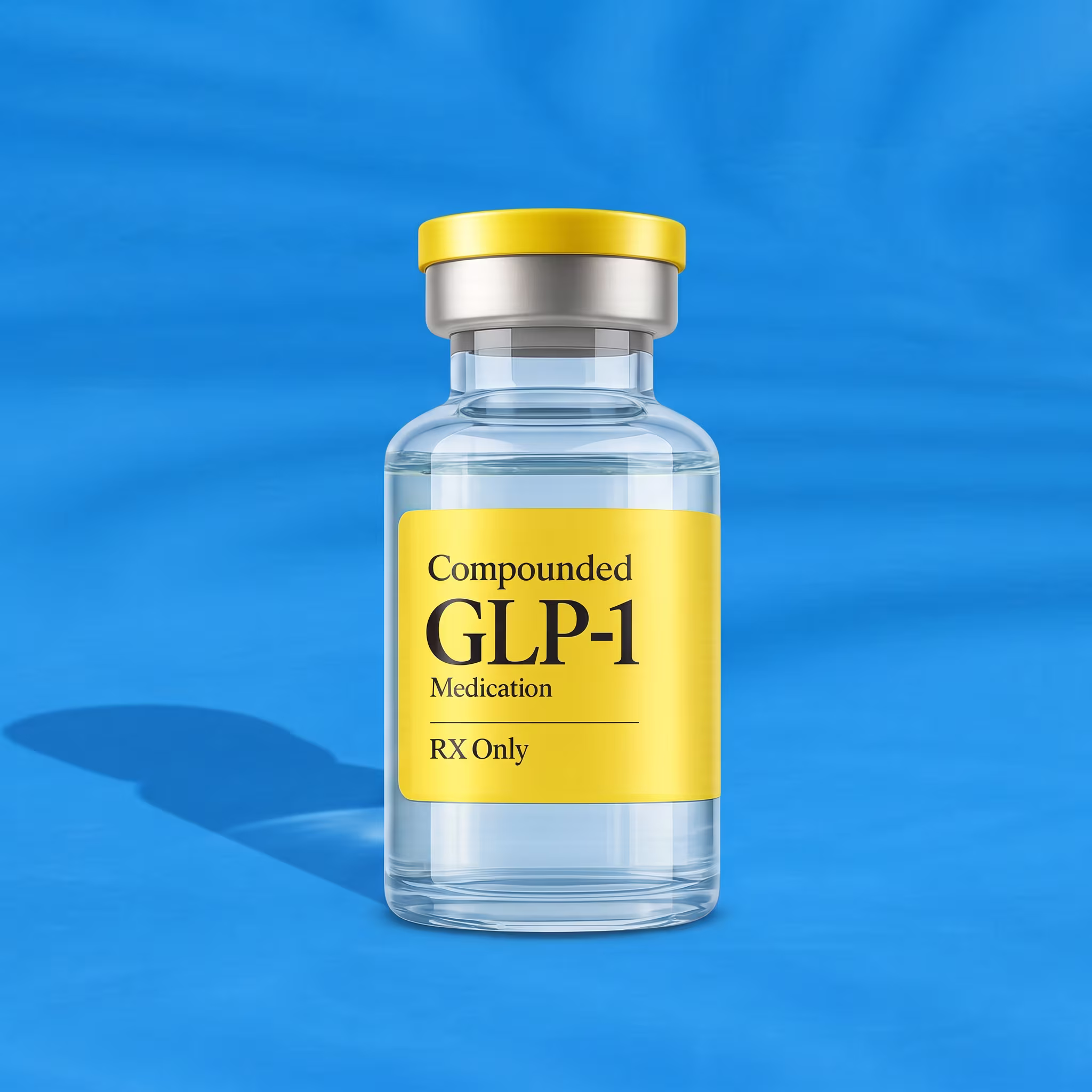 Clear glass vial with yellow label reading Compounded GLP-1 Medication RX Only on blue background.