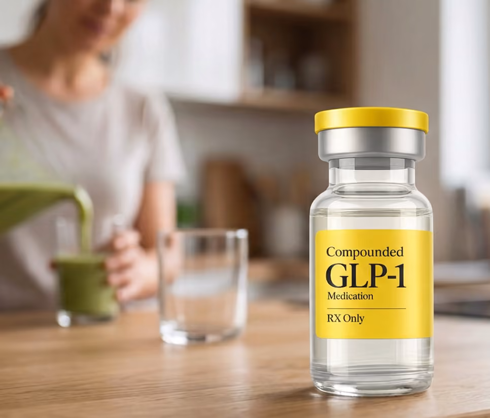 Clear vial labeled Compounded GLP-1 medication with yellow cap on kitchen table, blurred person pouring green drink.