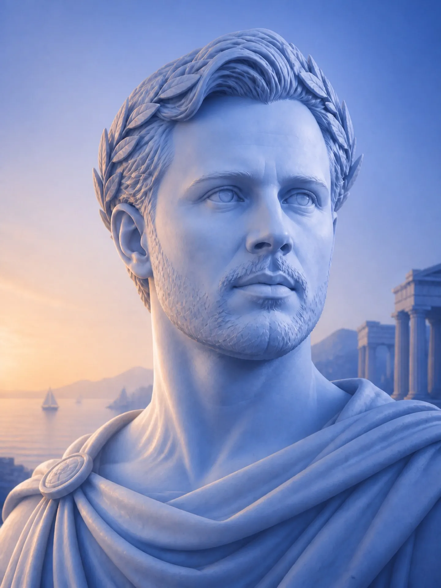 Toño Arellano, laureled marble portrait from the Cysure illustrated series