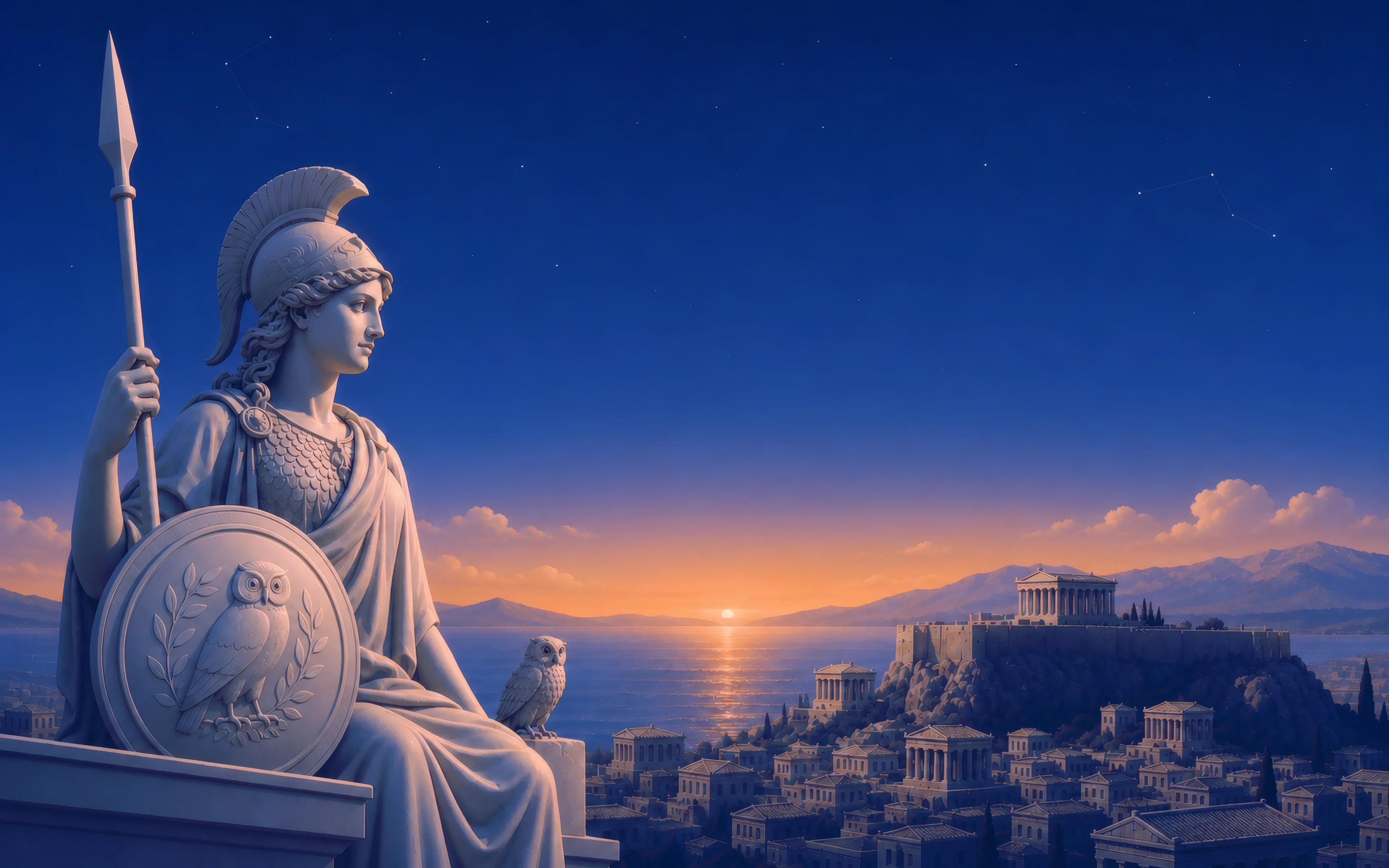 Athena keeps watch over the city from the headland, the owl beside her