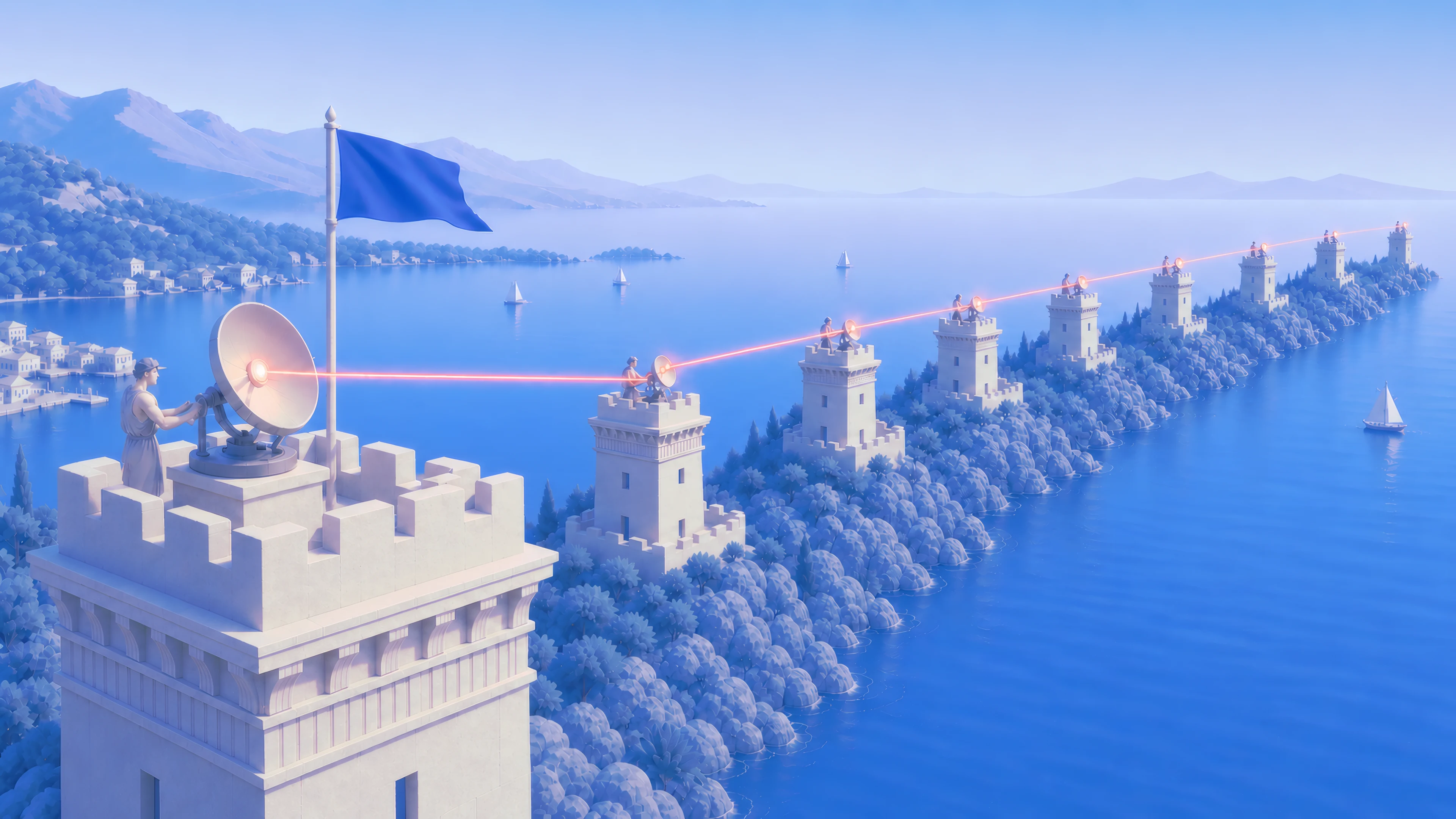 Nine watchtowers along the coast, one watcher reading the whole line