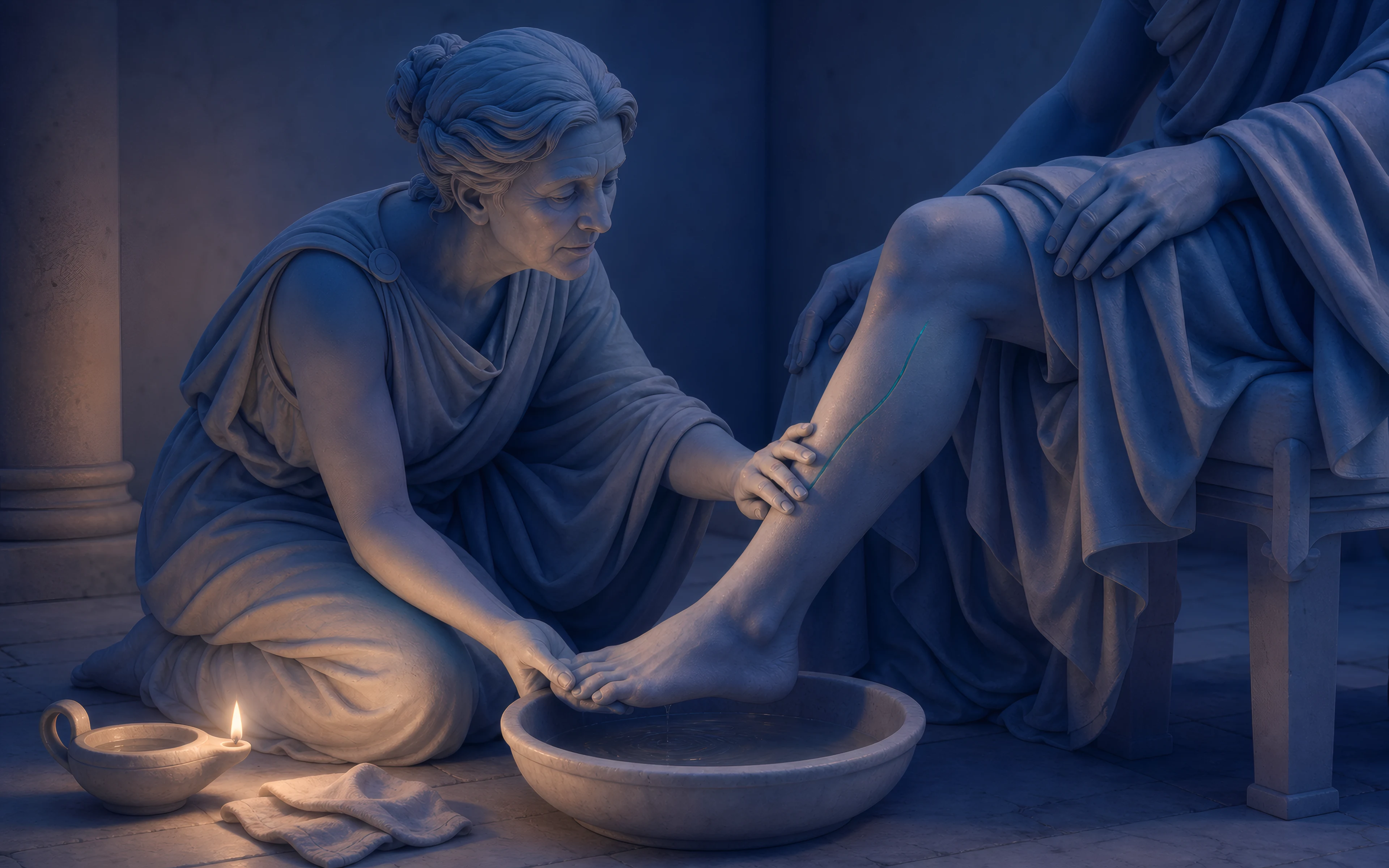 In a columned archive a figure reads a large scroll bearing a red seal