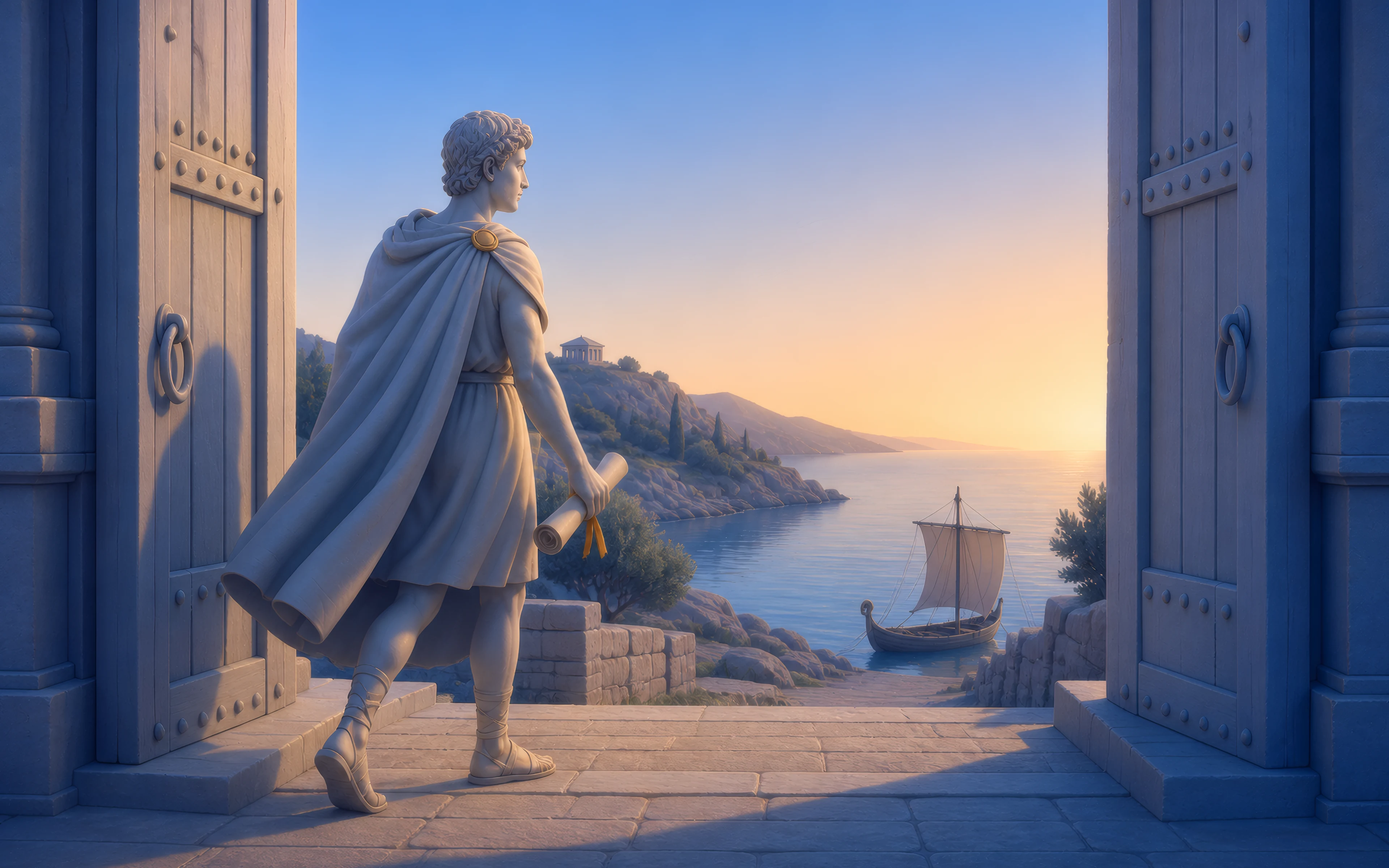 Telemachus steps through the gate toward the waiting boat, scroll in hand