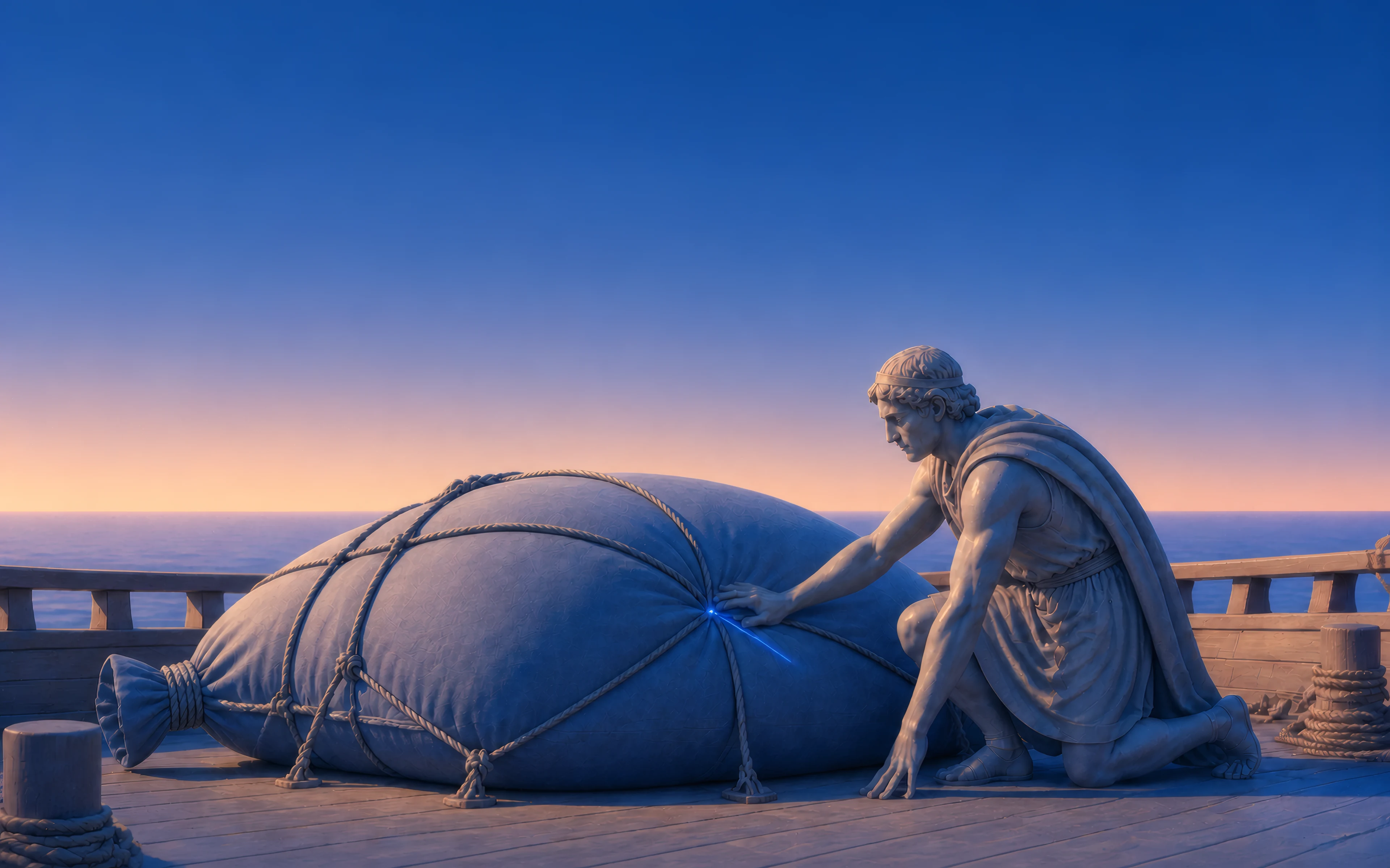 The sealed bag of winds lashed to the deck, one hand on the seam