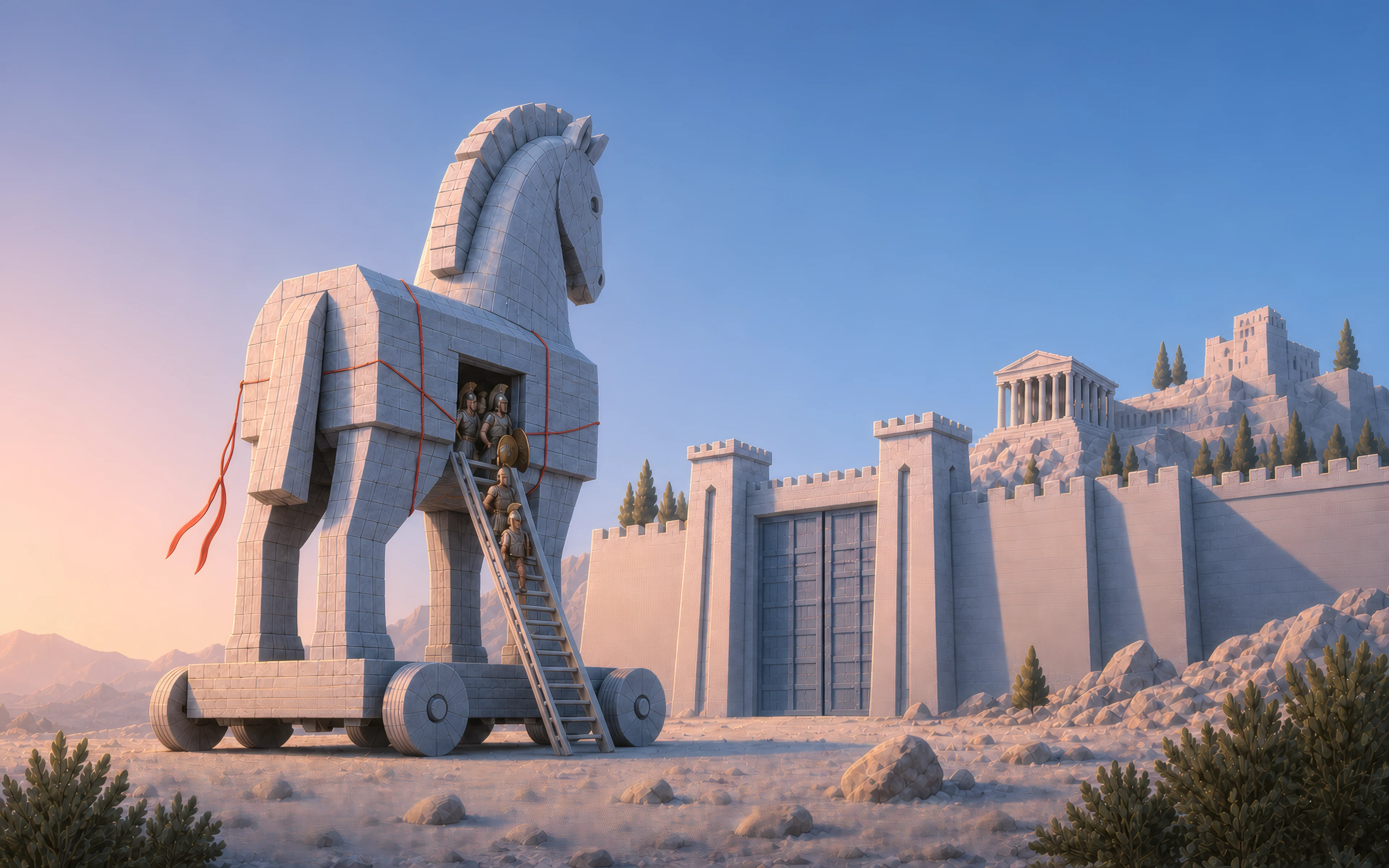 The wooden horse before the city gate, soldiers climbing down