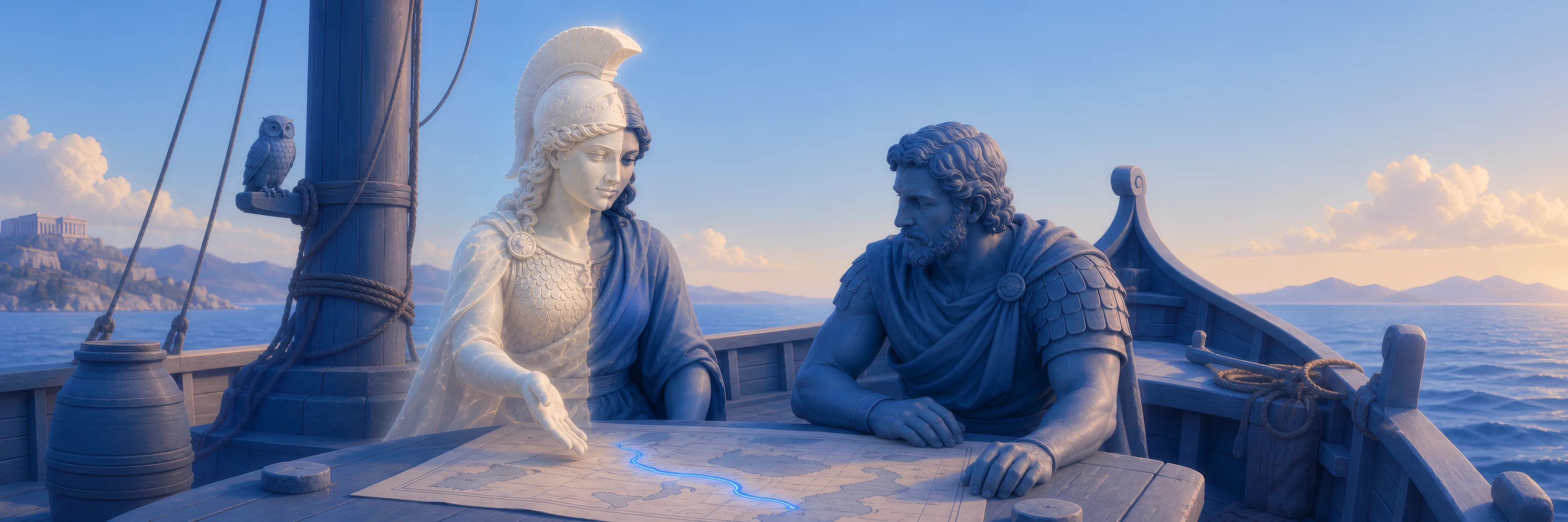 Athena takes human form to counsel at the chart table