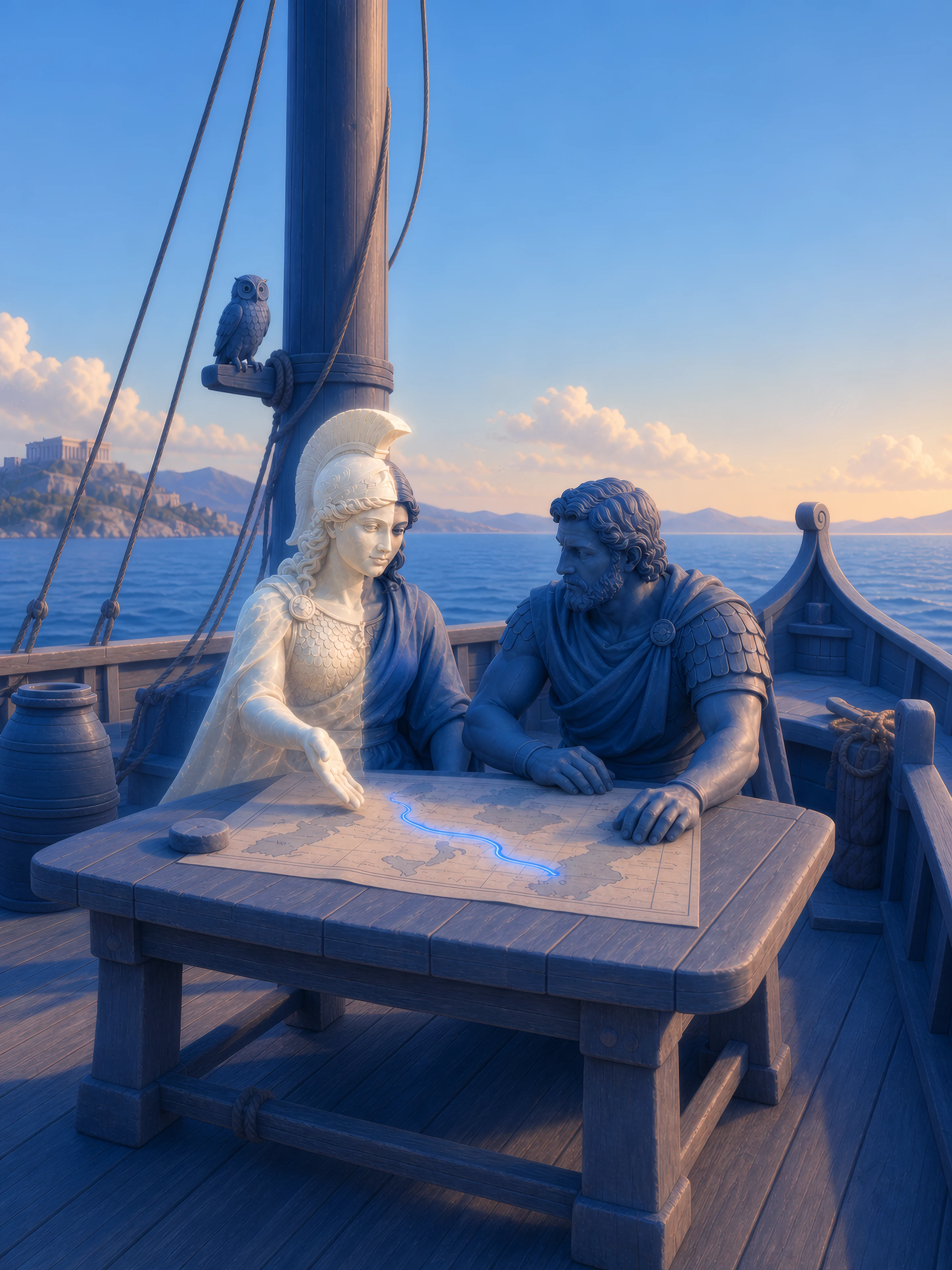 Athena takes human form to counsel at the chart table
