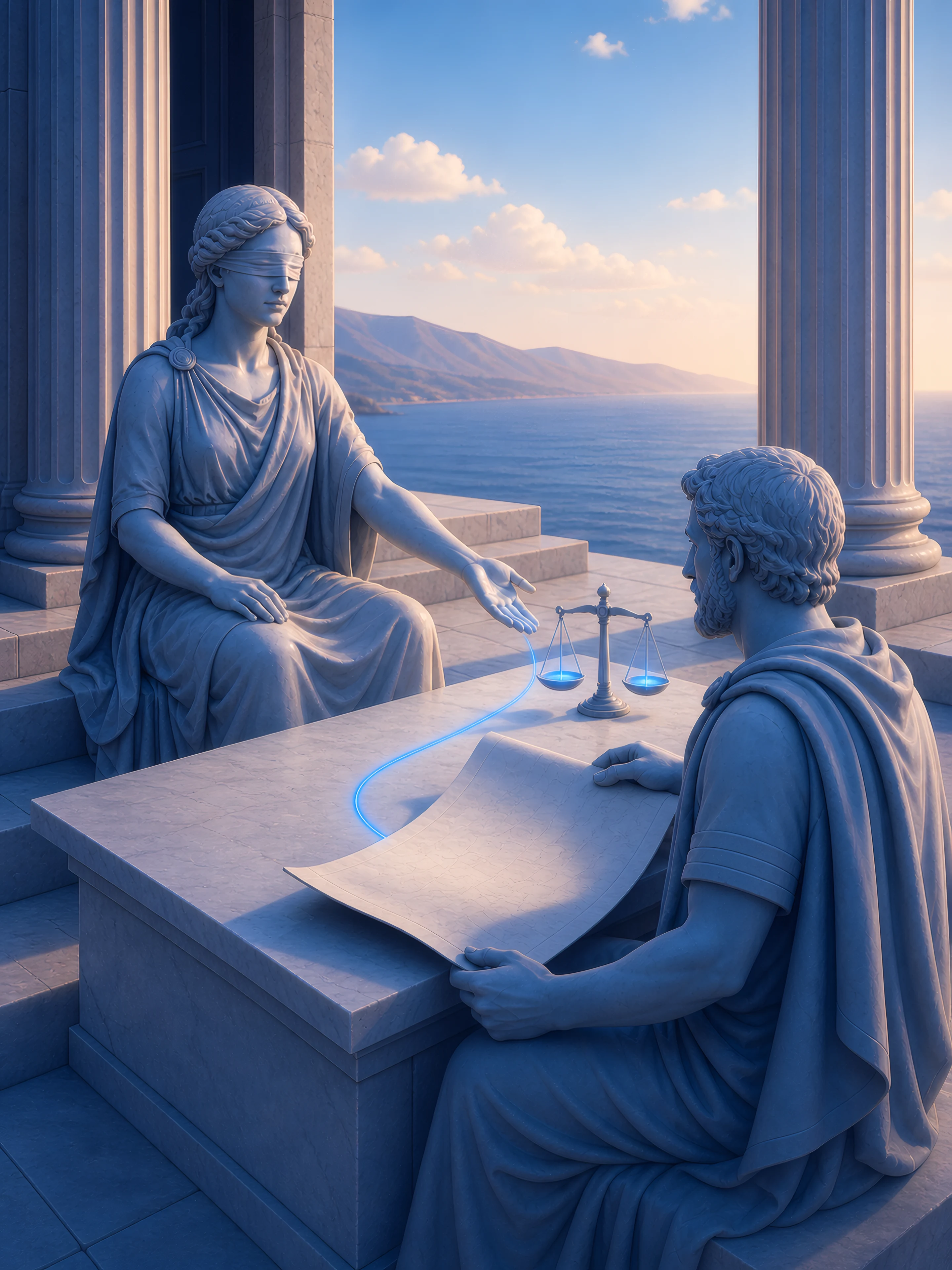 The blindfolded seer hands over the glowing thread of the route beside the scales