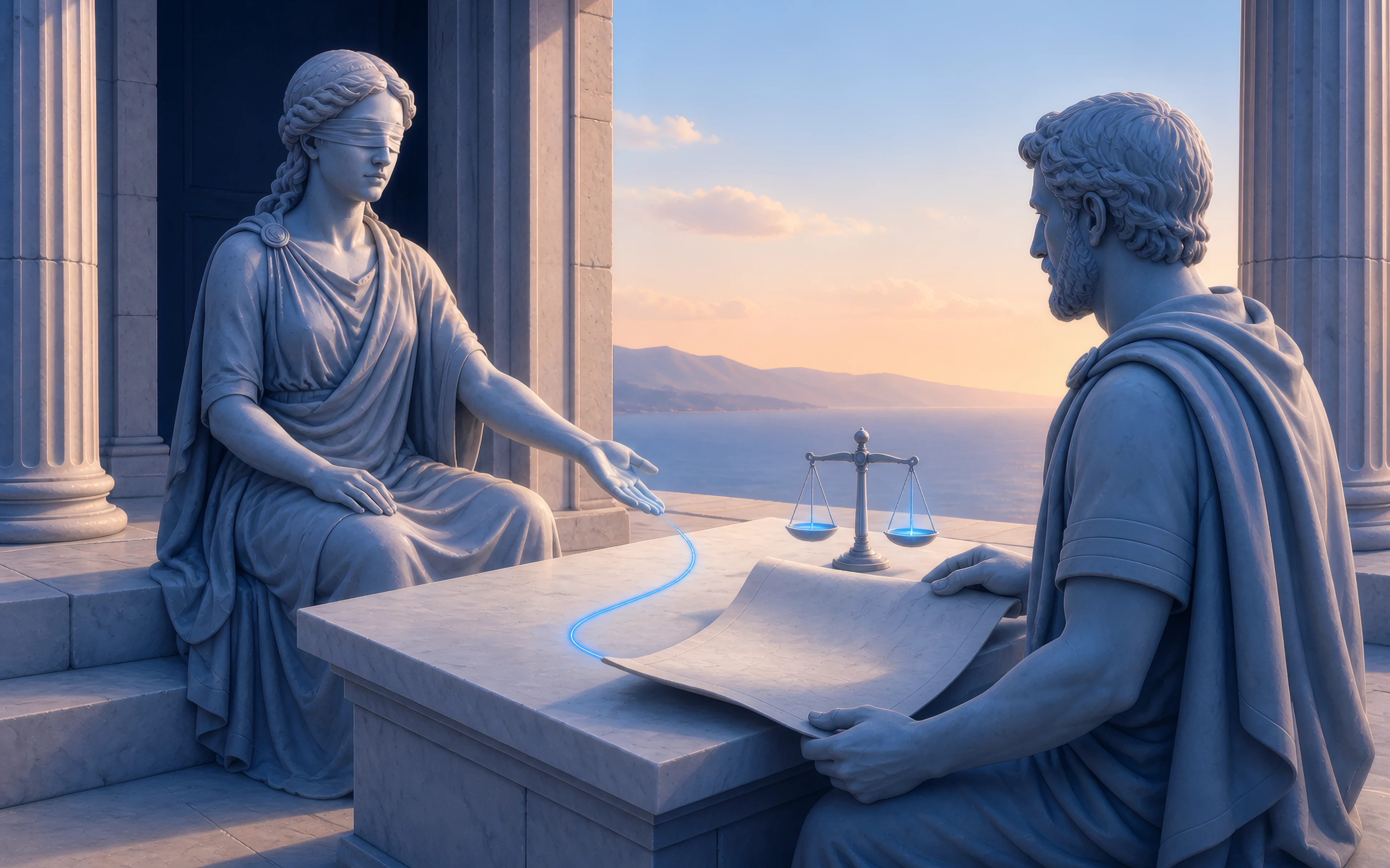 The blindfolded seer hands over the glowing thread of the route beside the scales