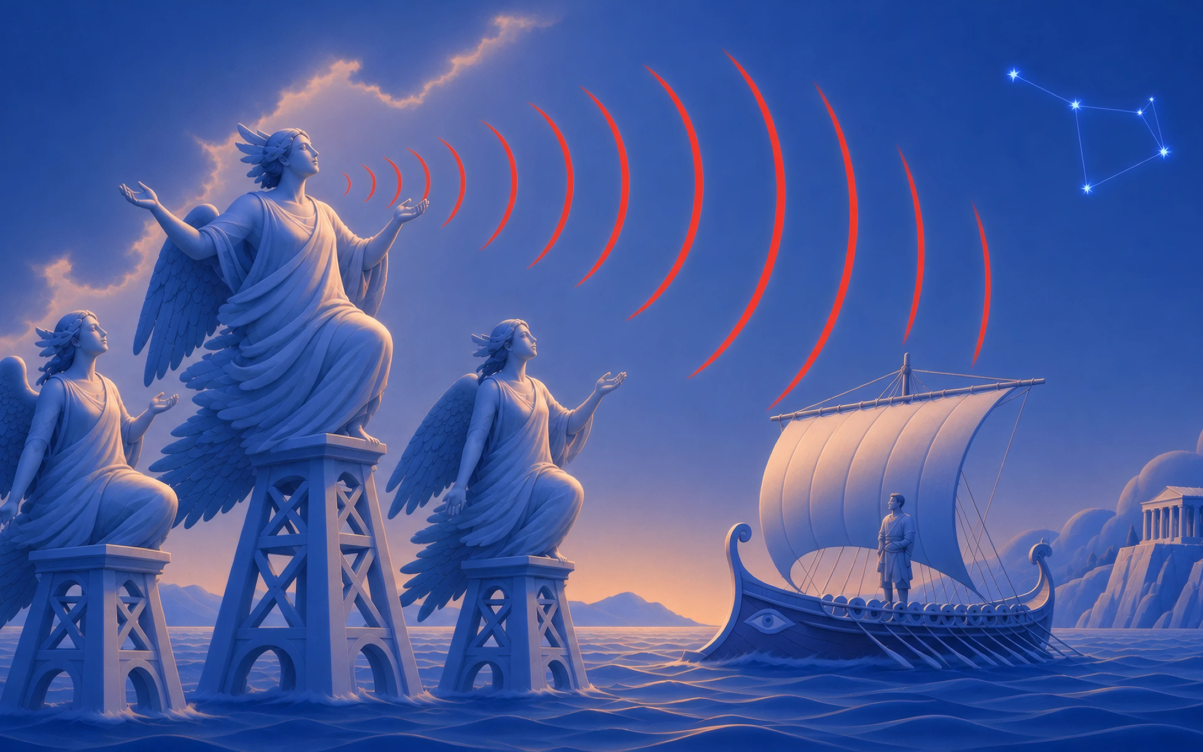 Three marble sirens on their pedestals sing red arcs of voice toward a ship