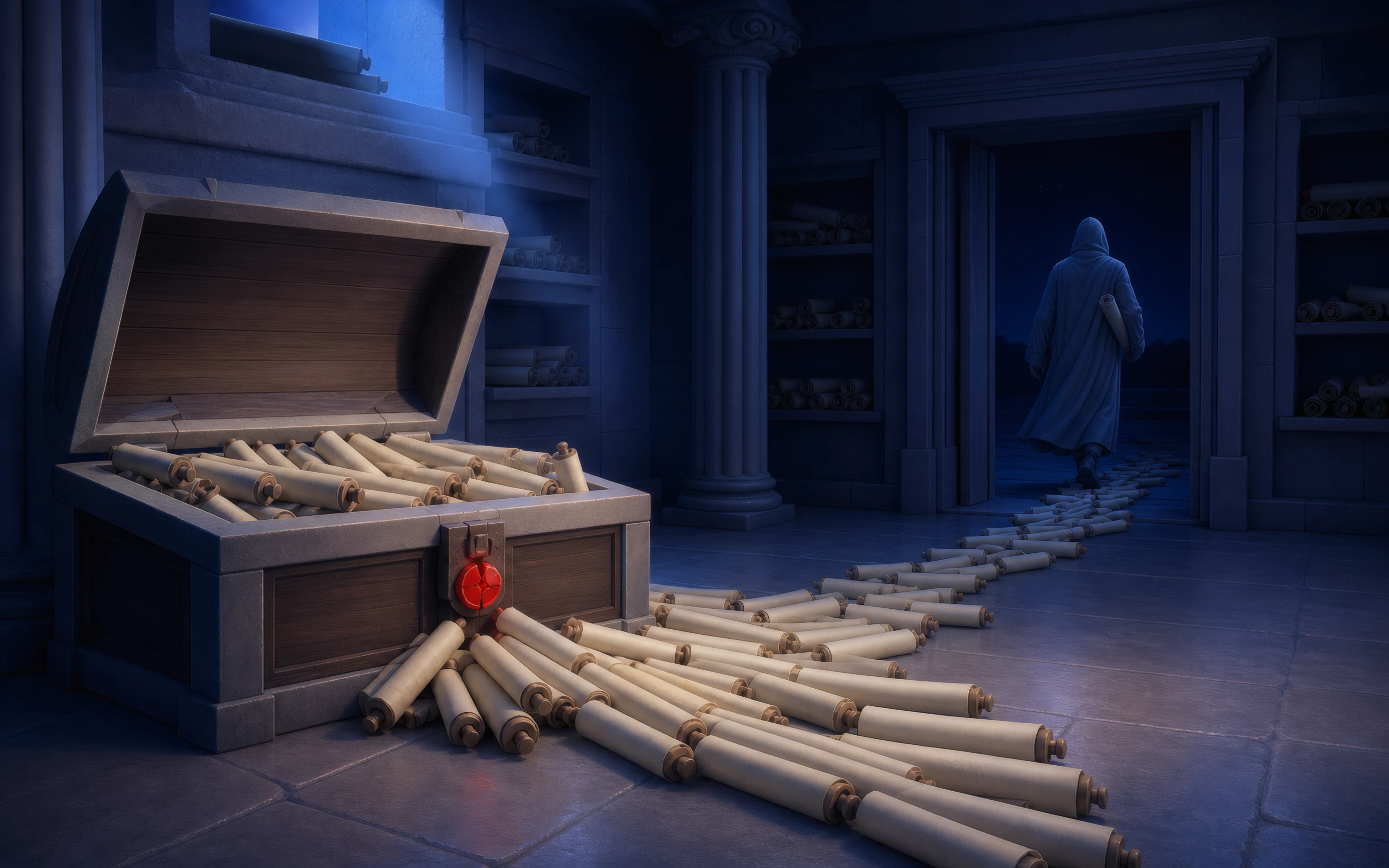Scrolls spill from the sealed chest and trail out the door