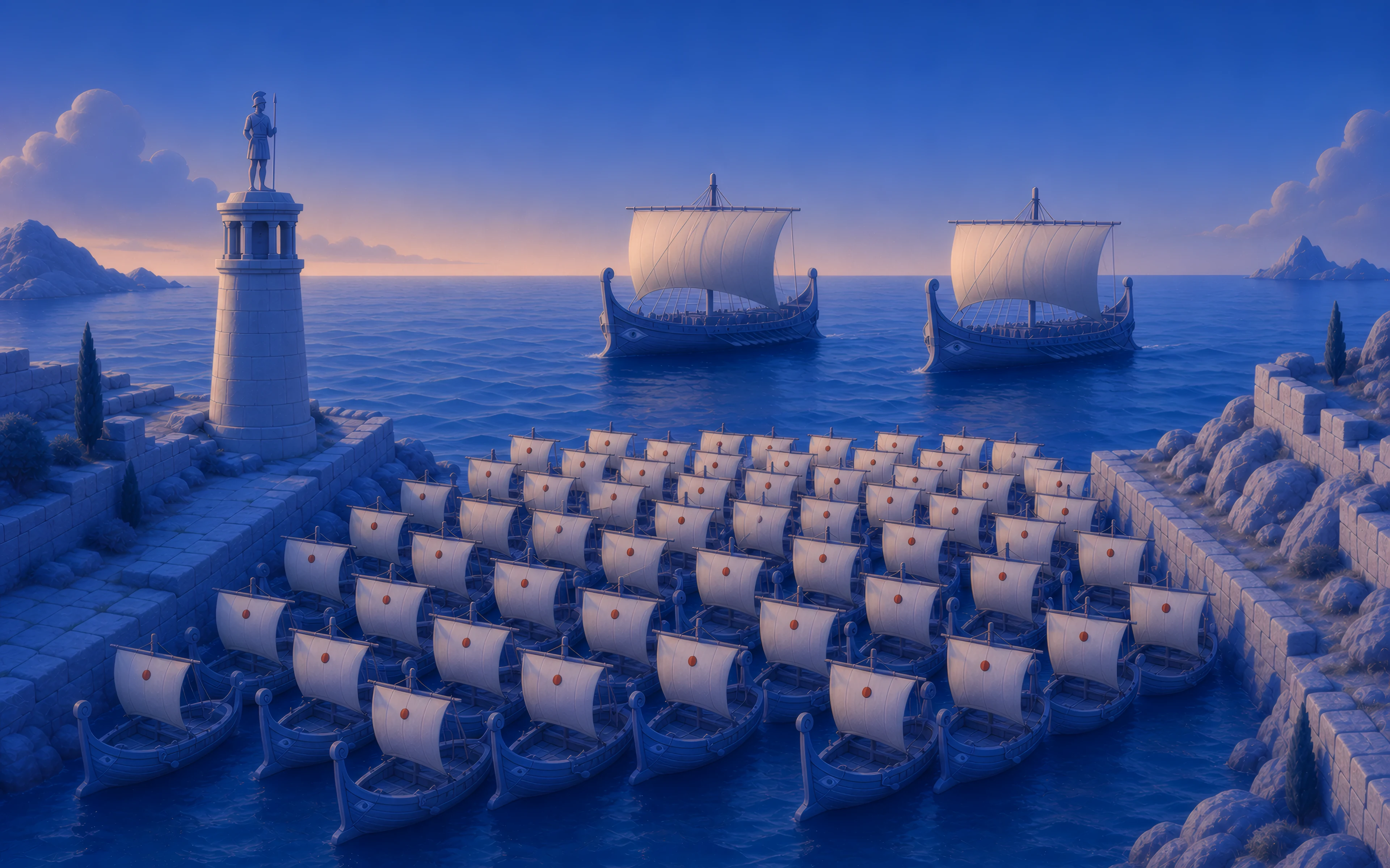 A swarm of small boats saturates the harbor while two larger ships wait outside under a blue lighthouse