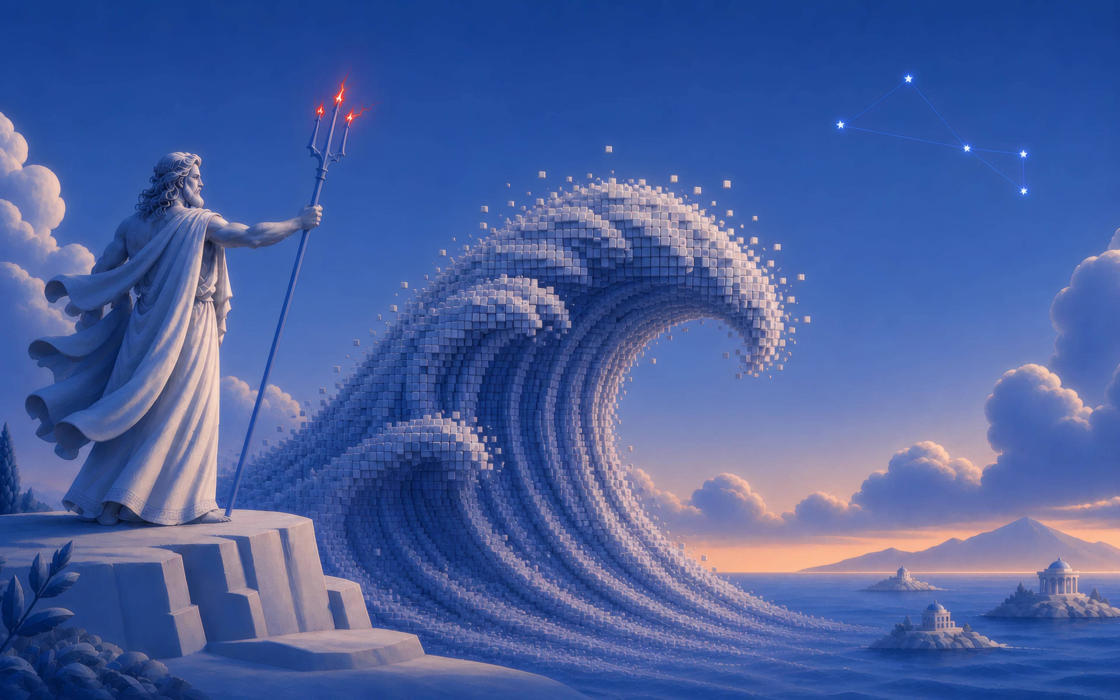Poseidon raises the pixel wave over the islands