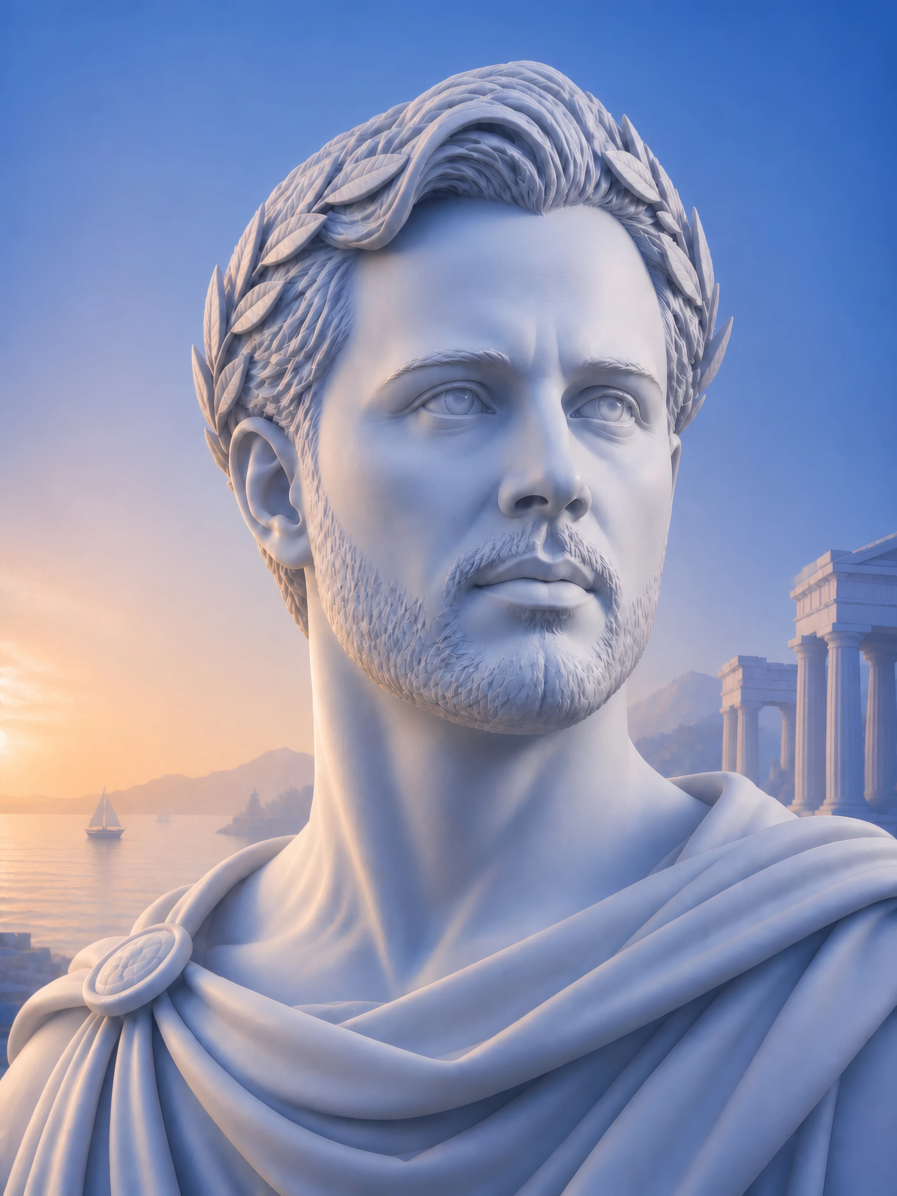 Toño Arellano, laureled marble portrait from the Cysure illustrated series