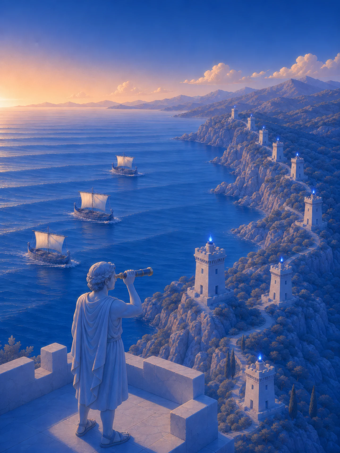 Nine watchtowers along the coast, one watcher reading the whole line