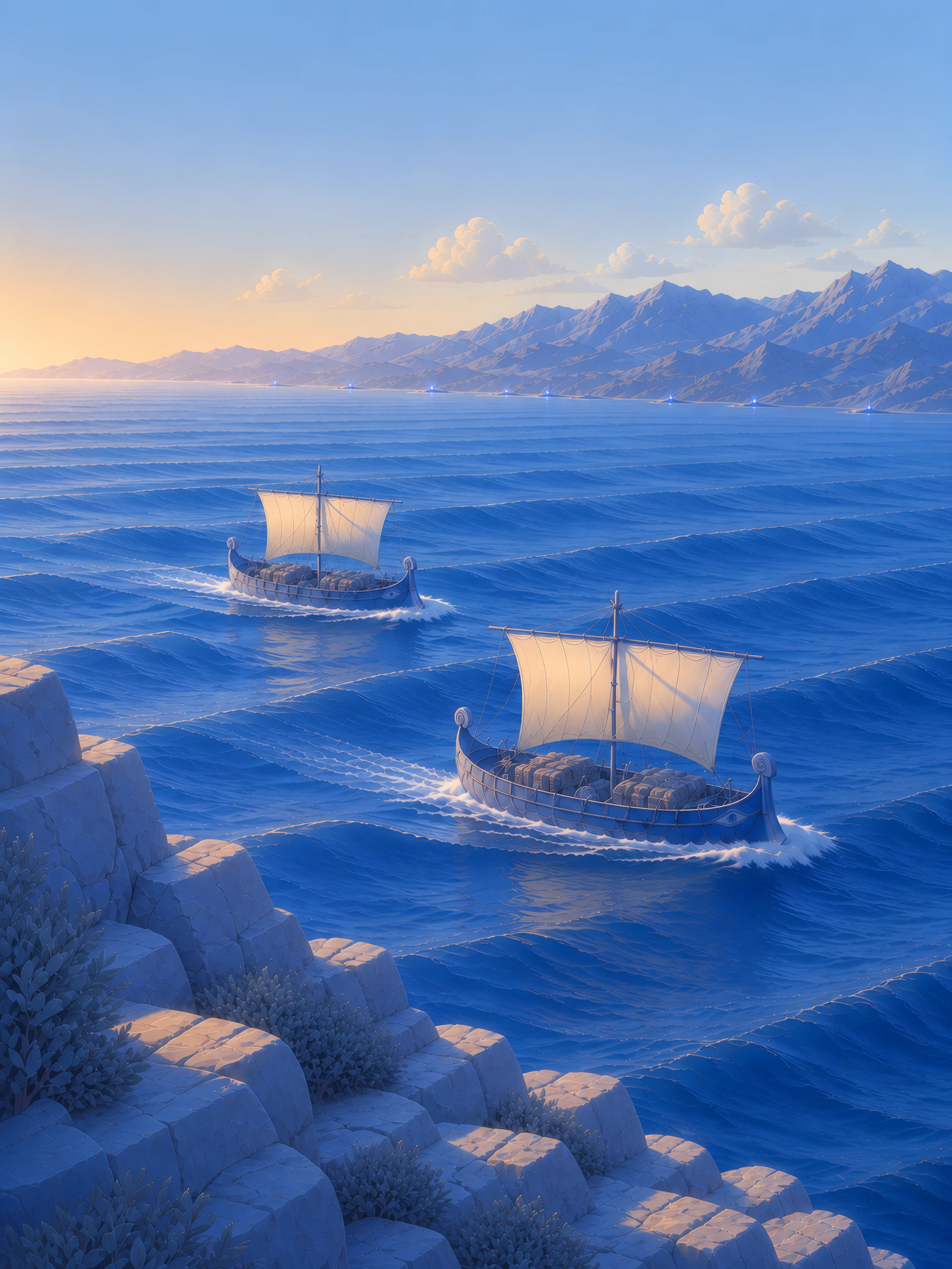 Two merchant ships cross the open sea at dusk, watch fires along the coast