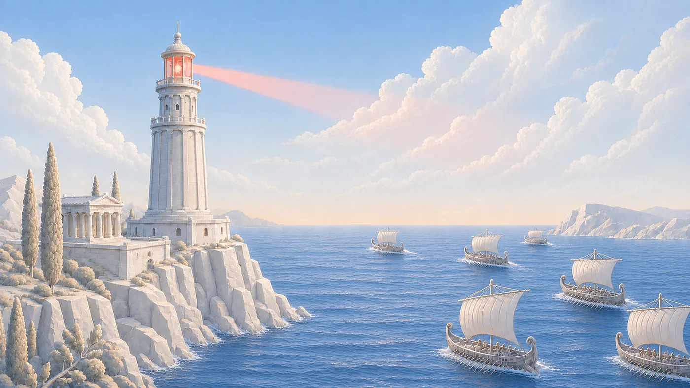 A lighthouse burns red on the promontory as six ships sail past the ivory city