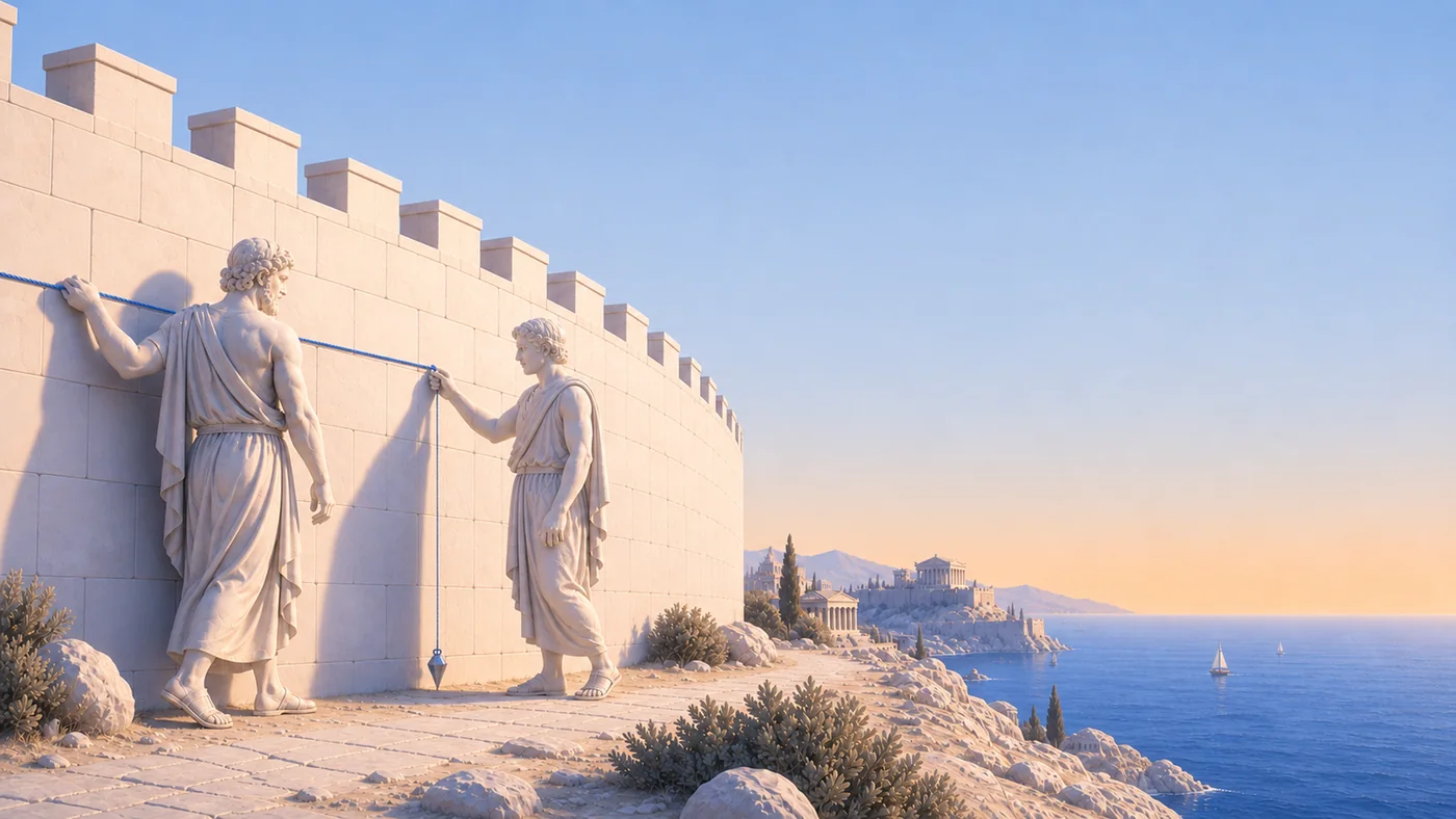 Two marble figures measure the city wall with a line and a plumb bob