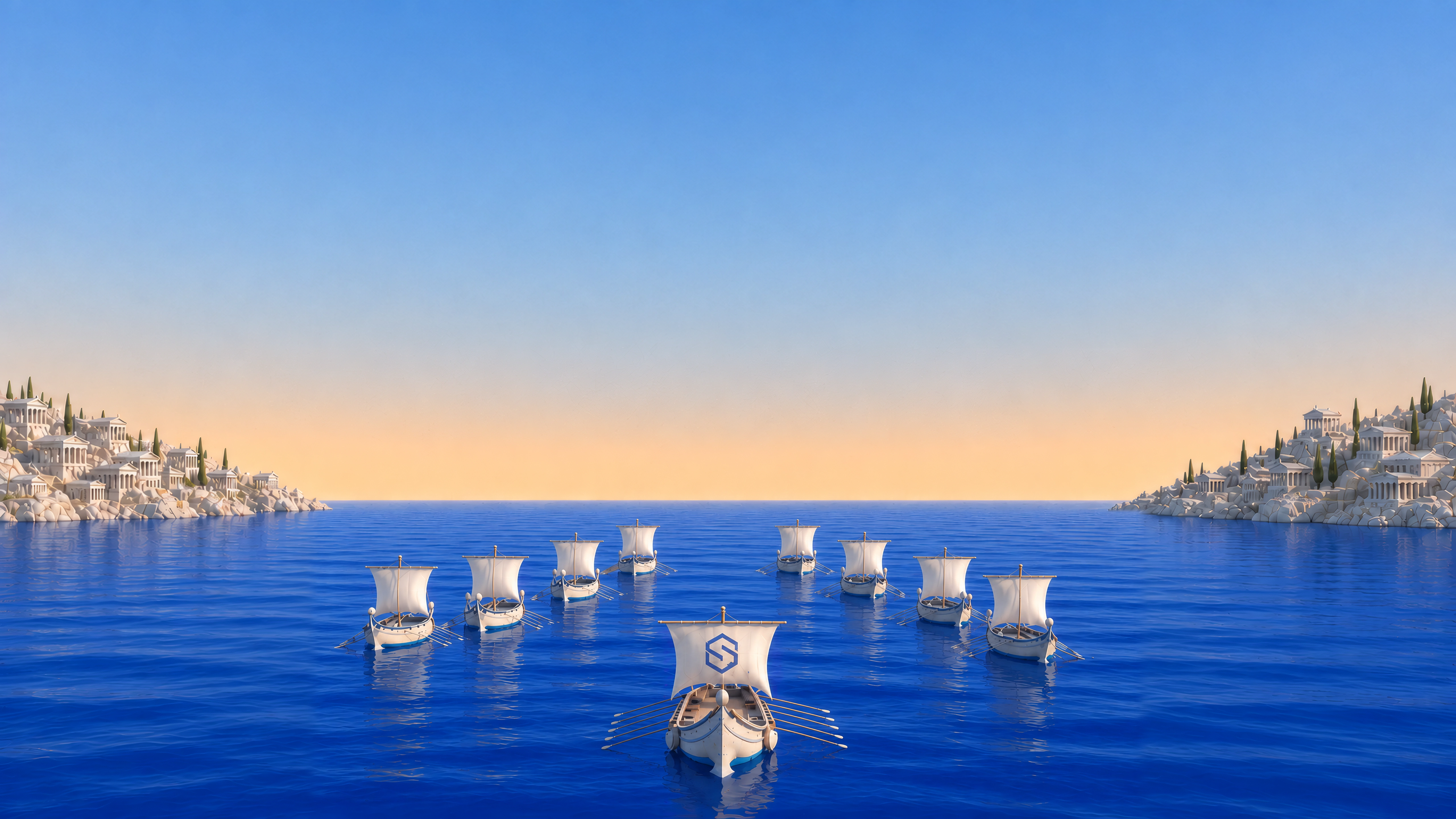 The fleet under sail toward the harbor light
