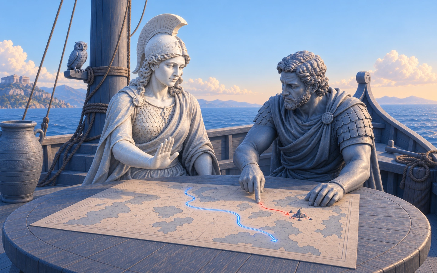 Athena and Odysseus review a route on a map
