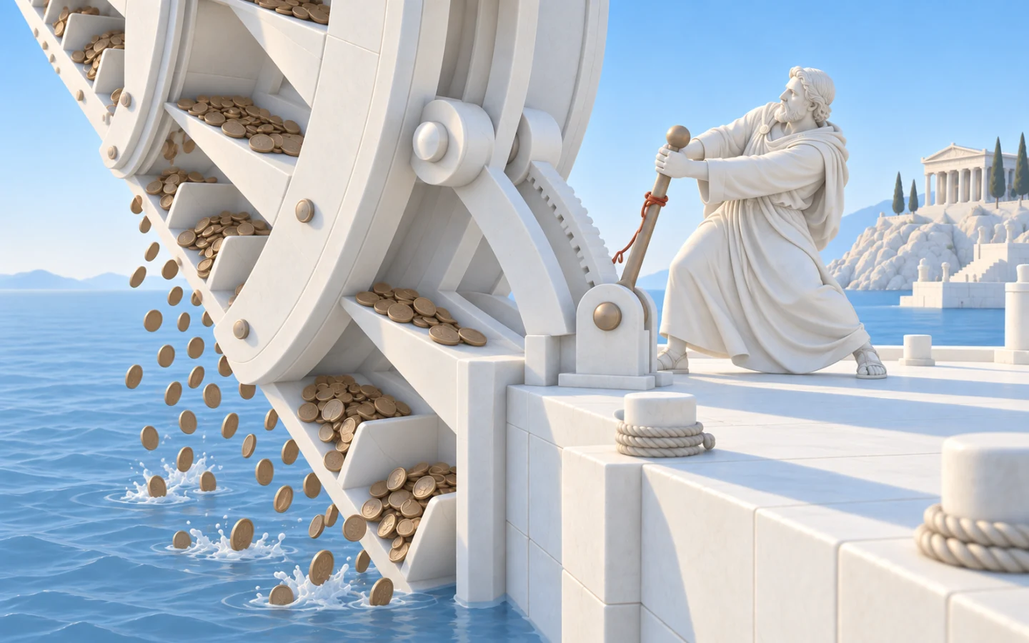 Odysseus tries to stop a wheel that pours out gold coins