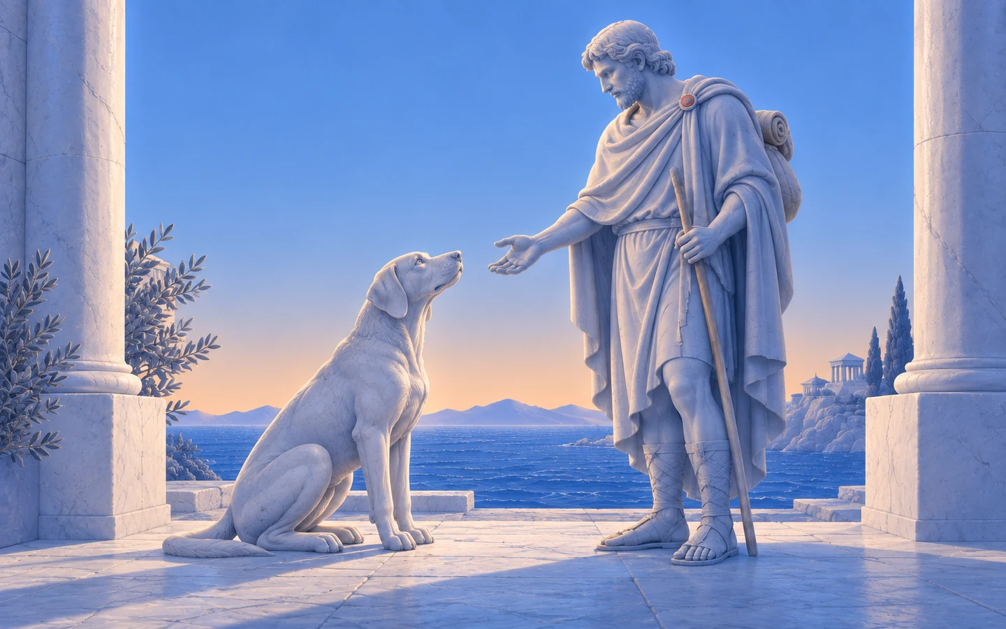 Argos recognizes Odysseus outside the palace of Ithaca, depicted in marble.
