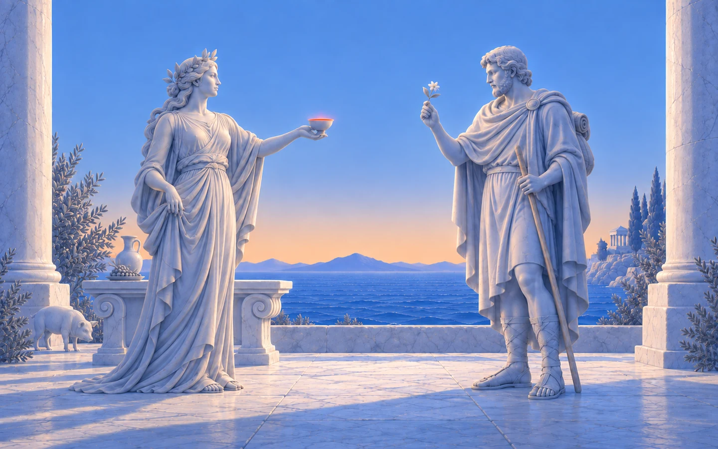 Circe offers a cup to Odysseus, protected by the moly flower; a metaphor for prompt injection.