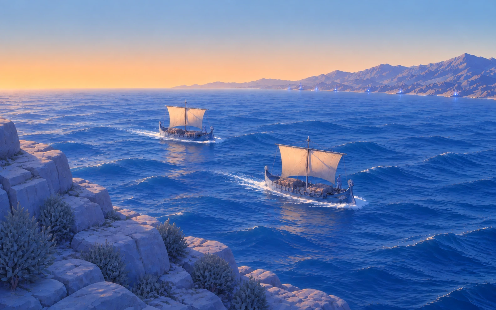 Two merchant ships cross the open sea at dusk, watch fires along the coast