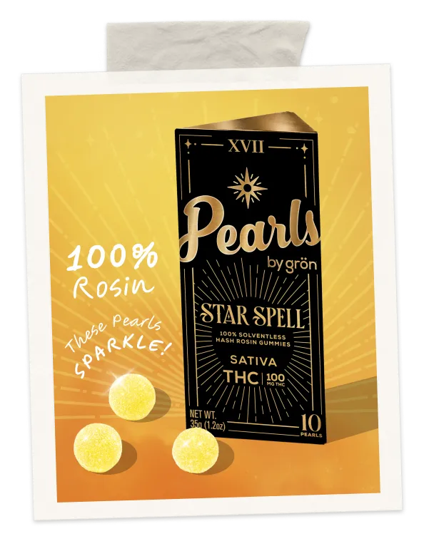 Package of Pearls Star Spell by grön sativa THC gummies made from 100% rosin with sparkling yellow pearls.