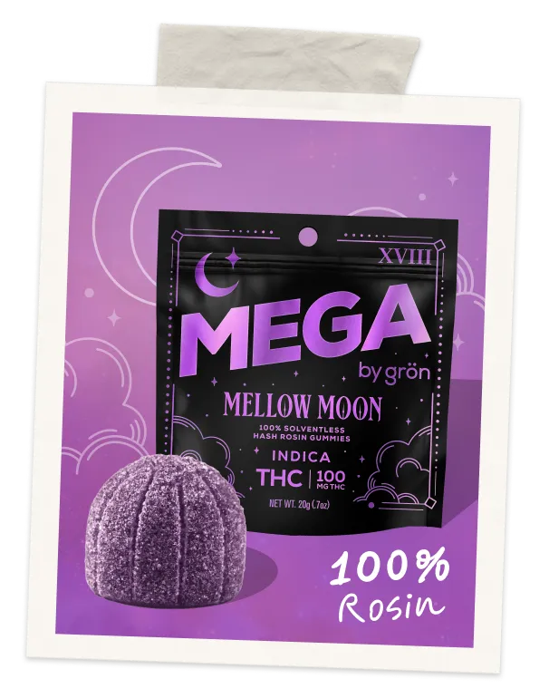 Mellow Moon Mega by grön indica THC gummies package with one purple sugar-coated gummy.