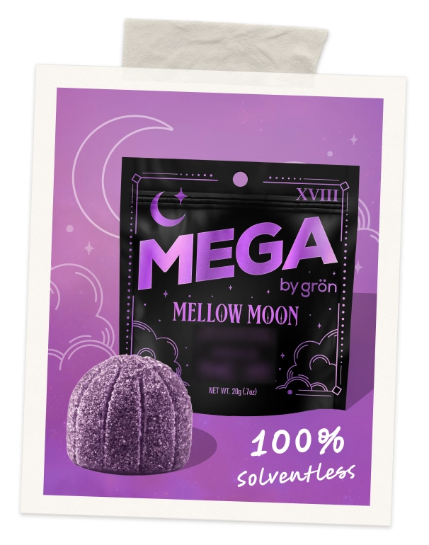 Mellow Moon Mega by grön indica THC gummies package with one purple sugar-coated gummy.
