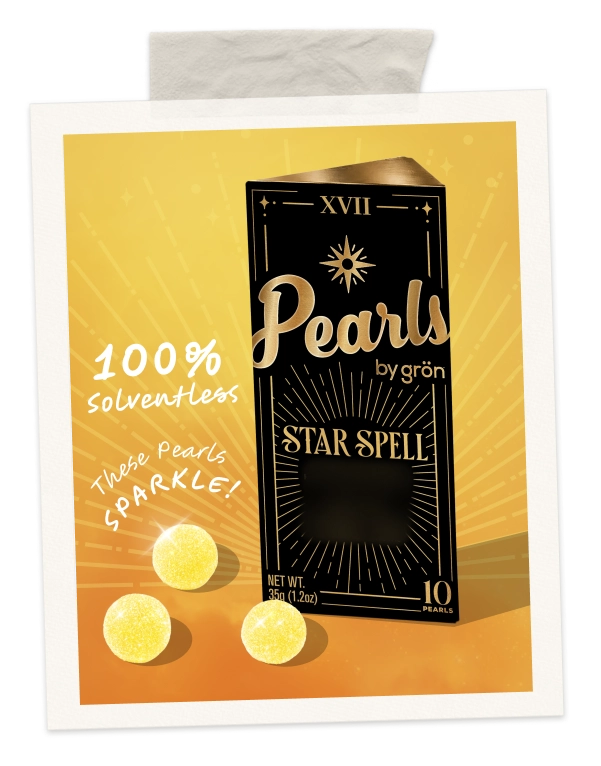 Package of Pearls Star Spell by grön sativa THC gummies made from 100% rosin with sparkling yellow pearls.