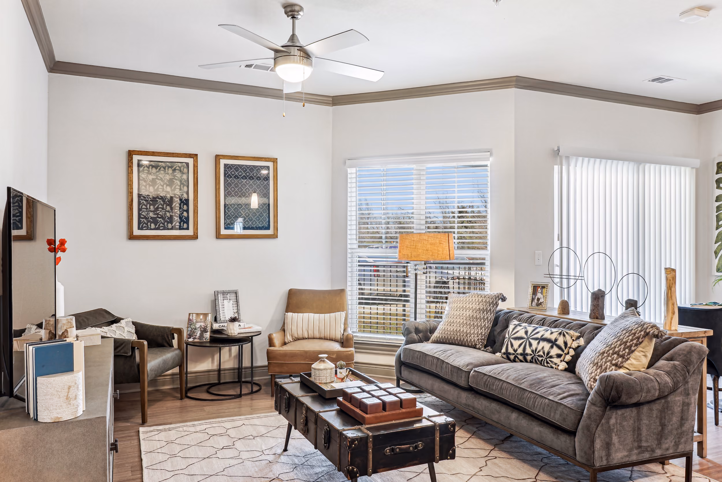 staged living room and gray couch